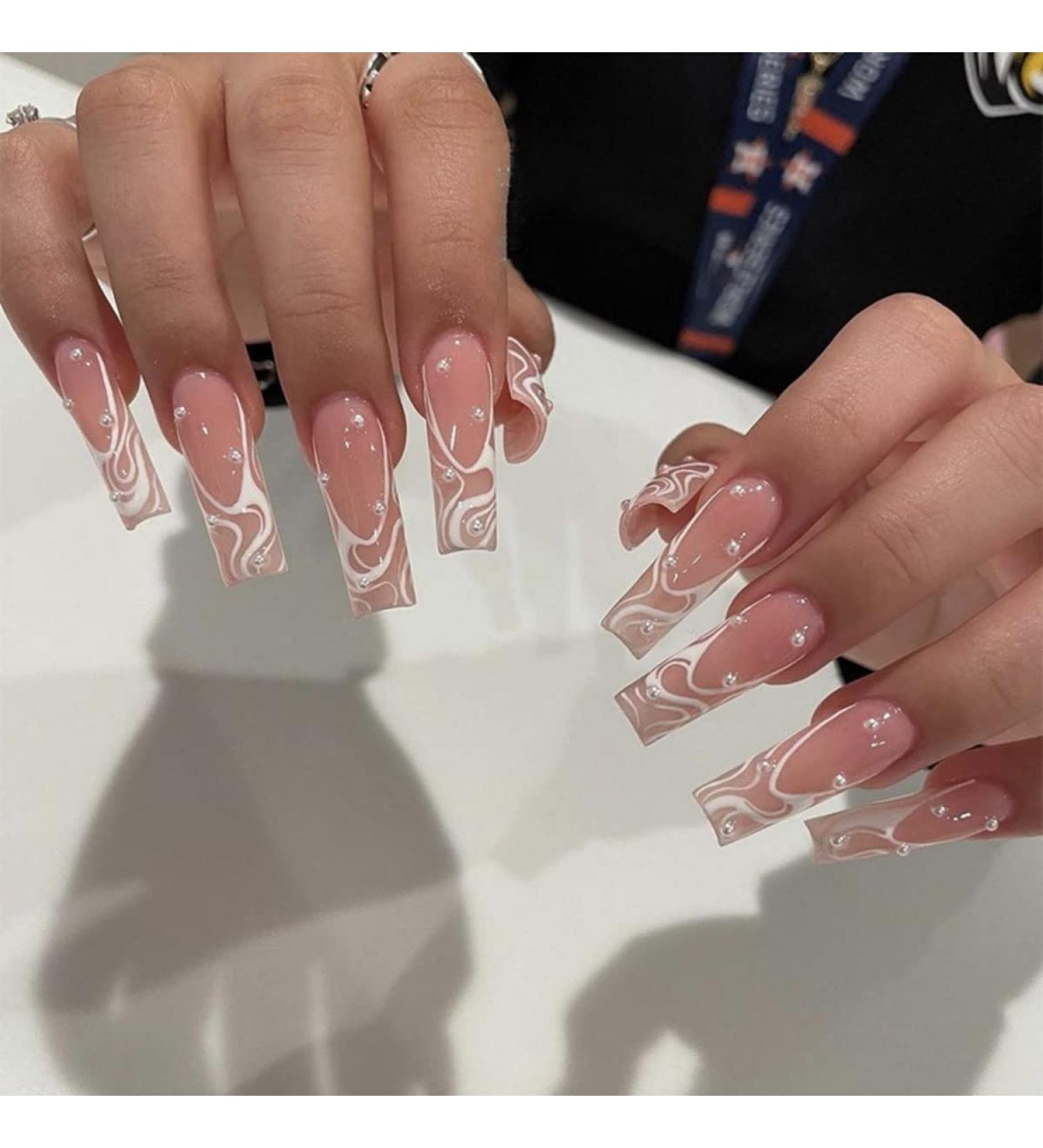 JUSTOTRY 24 Pcs Pink French Press on False Nails with Pearls - Medium Acrylic Coffin Fake Nails for Women | Ballerina Stick on Nails with Patterns and Glue for Nail Art - Buy Online on GoSupps.com