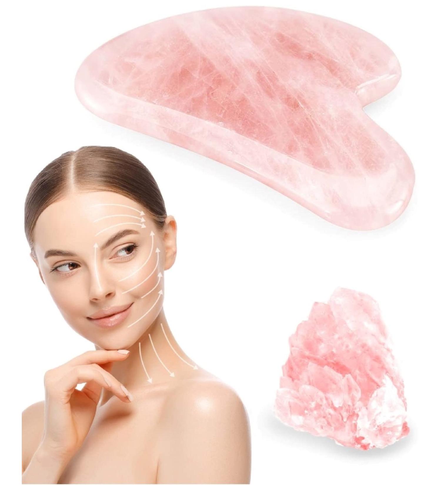 Natural Rose Quartz Gua Sha Tool | Face Sculpting Puffiness Reduction & Tension Relief | Premium Facial Stone for Eyes Face & Body - Buy Online on GoSupps.com