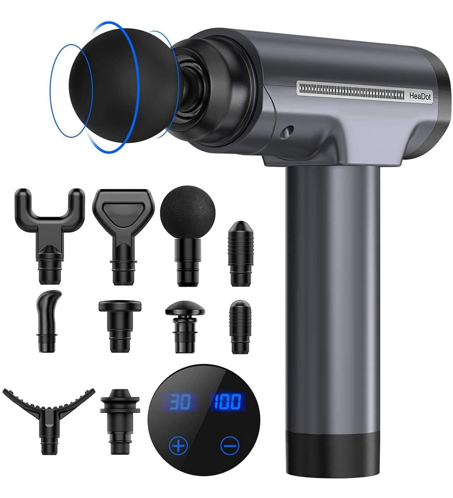 Silent Deep Tissue Percussion Muscle Massage Gun for Athletes - 30 Speeds, LCD Touch Screen, 10 Heads - Handheld Massager (Gray) - Buy Online on GoSupps.com