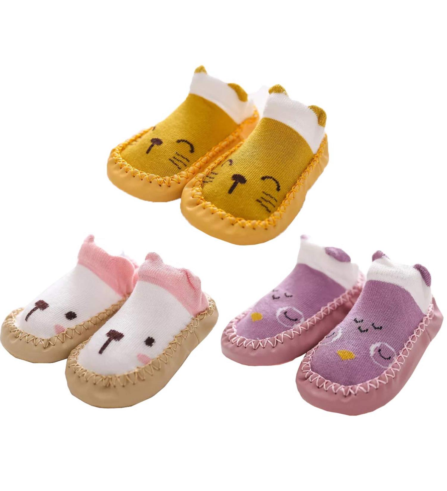 4 Pairs Baby Boys Girls Anti-Slip Indoor Slippers Socks 0-6 Months - Yellow Purple White - Buy Online on GoSupps.com