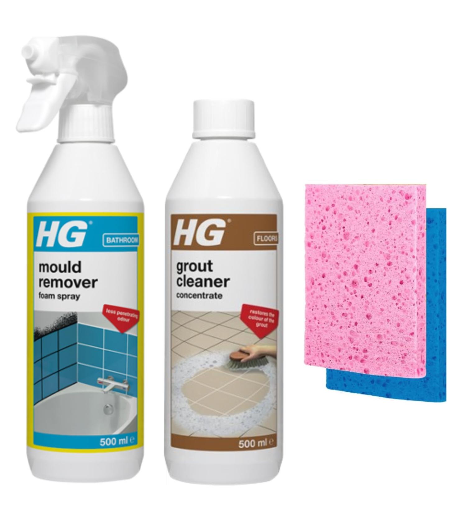 HG Grout Cleaner Concentrate 500ml HG Mould Remover Foam Spray 500ml 2x CHG Sponge Wipes - Dirt Remover Cleaning Bundle for Ceilings Walls Tiles Bathroom Stains - Buy Online on GoSupps.com