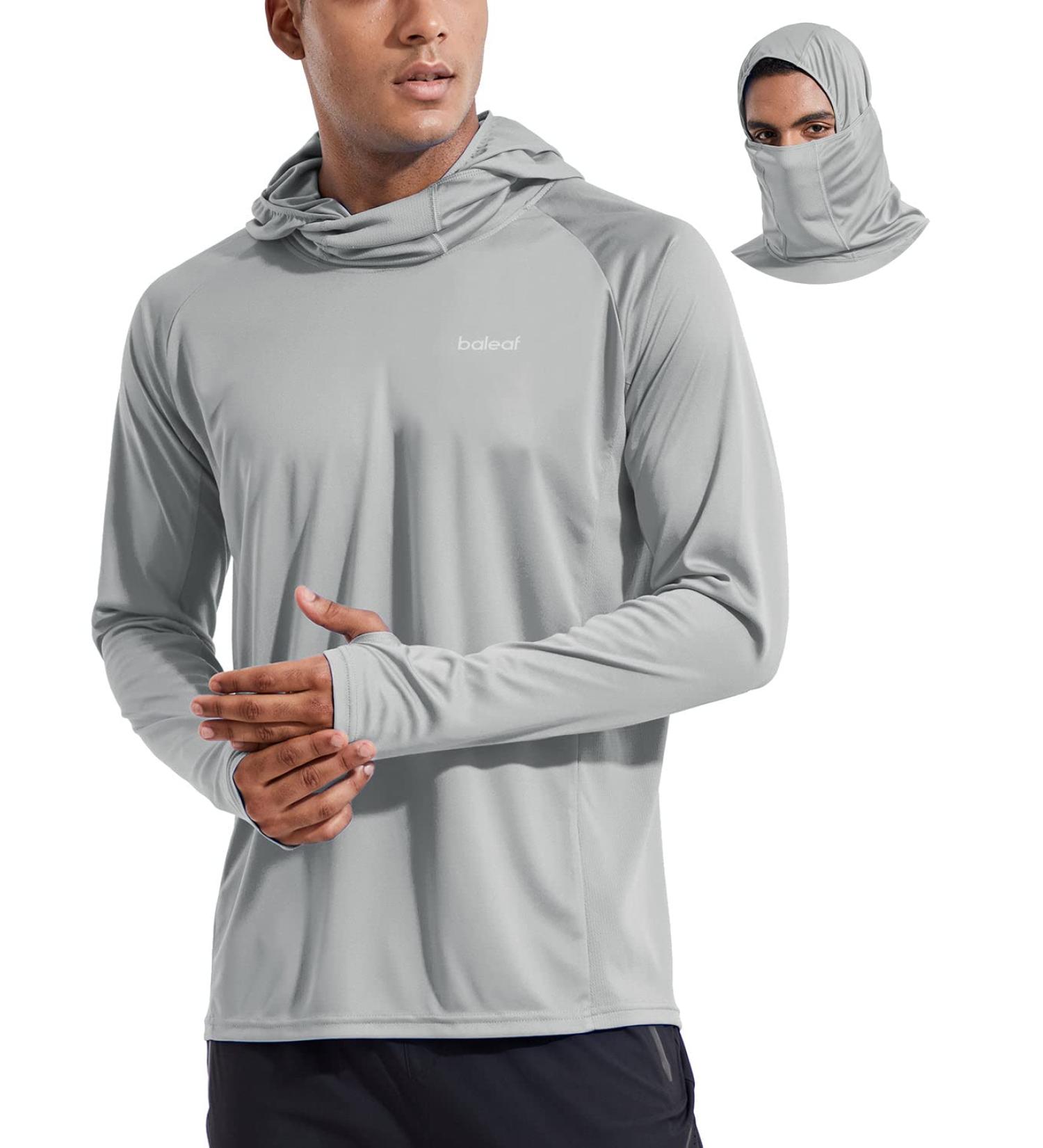 Baleaf Men's UV Protection Rashguard Shirt - UPF 50+ Long Sleeve Hooded Sweatshirt for Running Surfing & Outdoor Fishing - Lightweight Thumb Hole Design Gray - Buy Online on GoSupps.com