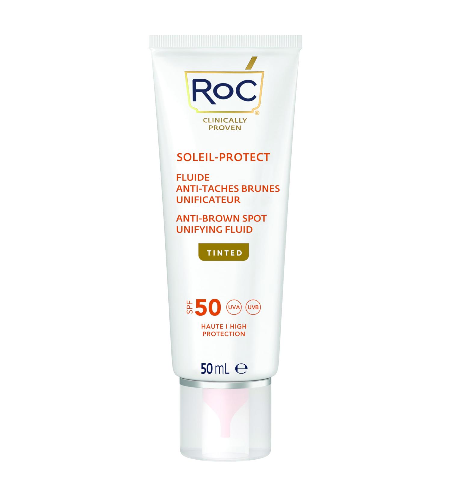 RoC - Soleil-Protect Fluide Anti-Taches Brunes Teint Unificateur SPF 50 - Hydratant pour le Visage - Filtres Anti-UVA et Anti-UVB - Vitamine C - 50 ml Anti-Taches SPF 50