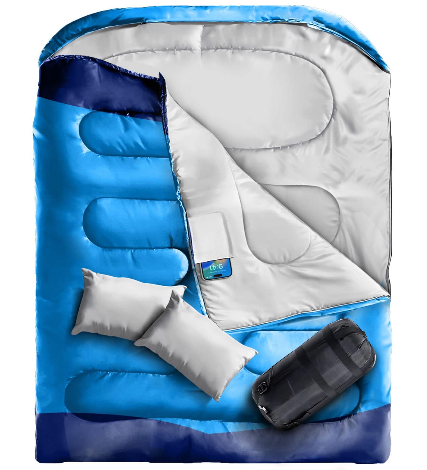 XL Queen Size Double Sleeping Bag for Two | Youth & Adult Camping & Backpacking | Cold & Warm Weather | With Pillow & Internal Pocket - Buy Online on GoSupps.com