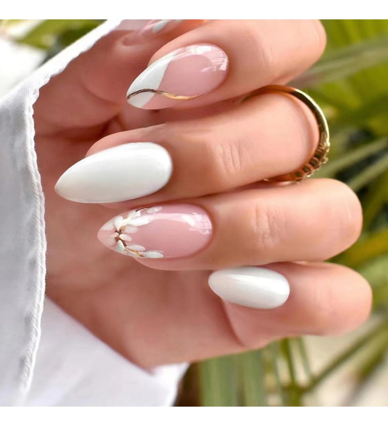 Justotry 24 Pcs White Flower Stiletto False Nails | Milky French Press on Nails | Trendy Swirl Design | Nail Glue & Almond Stick Included | Short & Medium Length | Women's Art Fake Nails - Buy Online on GoSupps.com