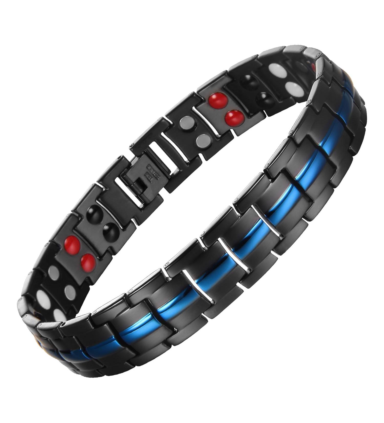MagEnergy Titanium Steel Magnetic Bracelet for Men - Double Row Ultra Strength Magnets, Adjustable Links, Removal Tool - Blue-4 Element Wristband - Buy Online on GoSupps.com