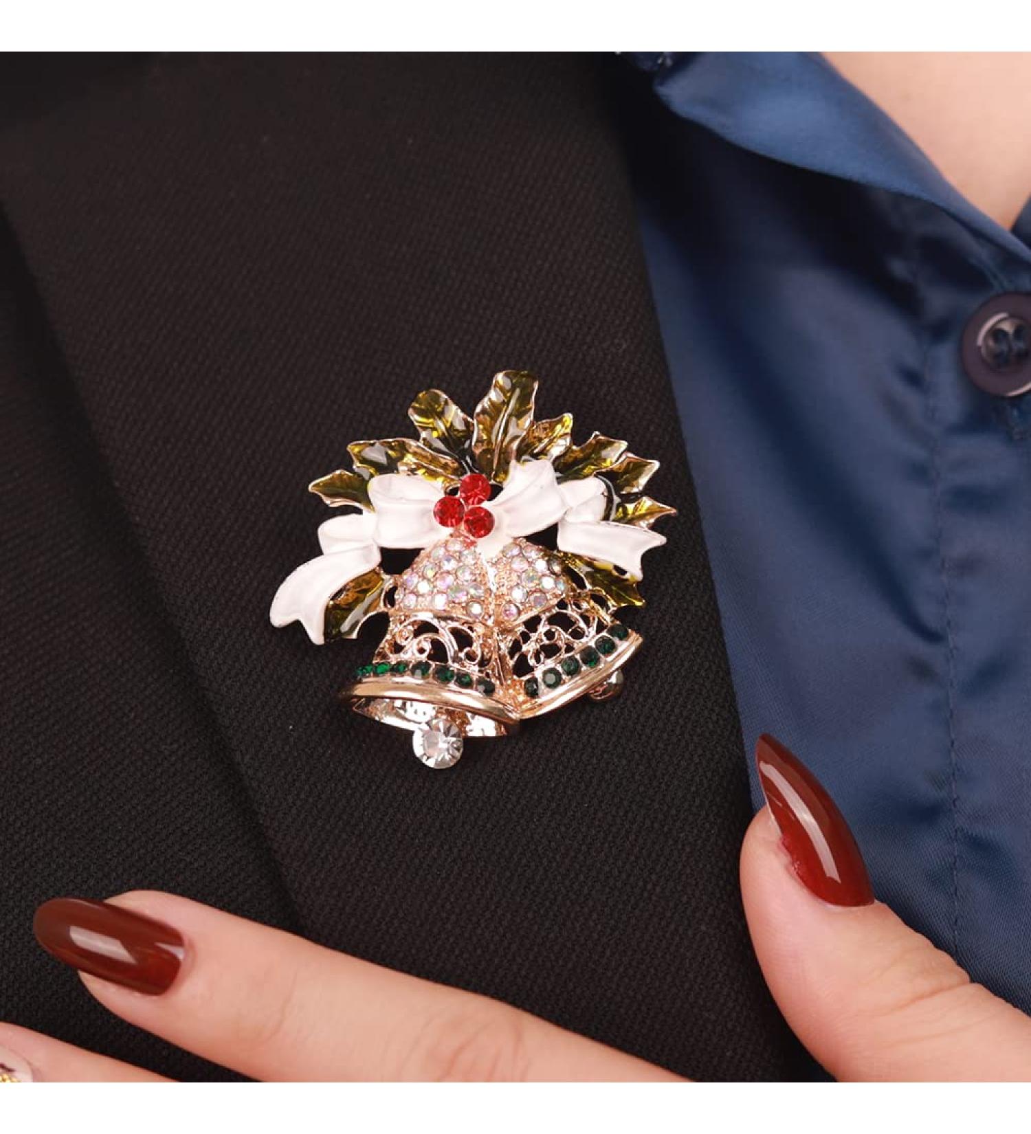 Enamel Christmas Bell Brooch with Crystal - Gold Brooches for Men & Women | Unisex Party Jewelry Corsage - Buy Online on GoSupps.com