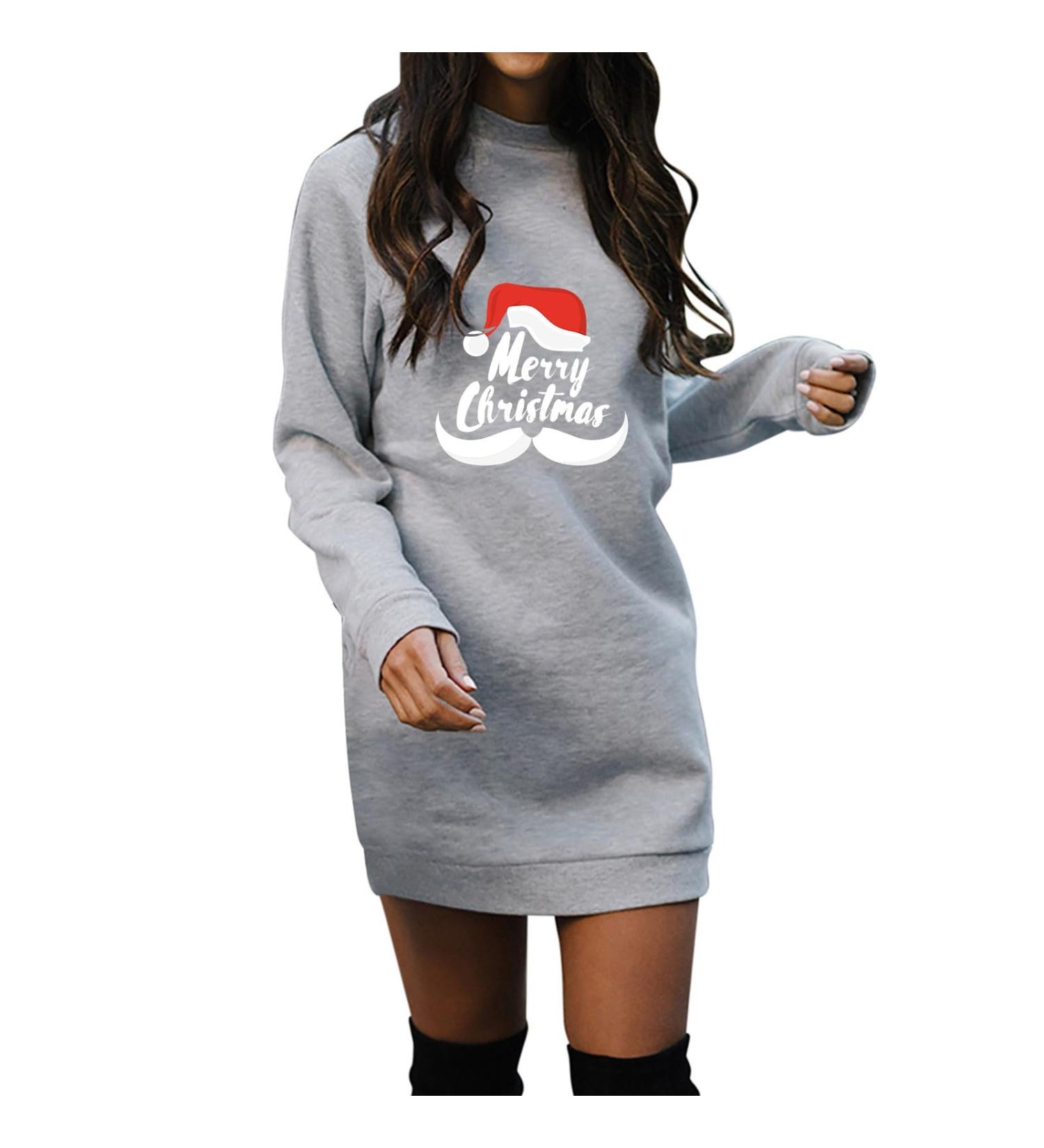 Shop Women's Fashion Christmas Long-Sleeved Hoodie Dress - Cartoon Pulli Style - Oversized Gray Sweatshirt for Autumn & Winter - Buy Online on GoSupps.com