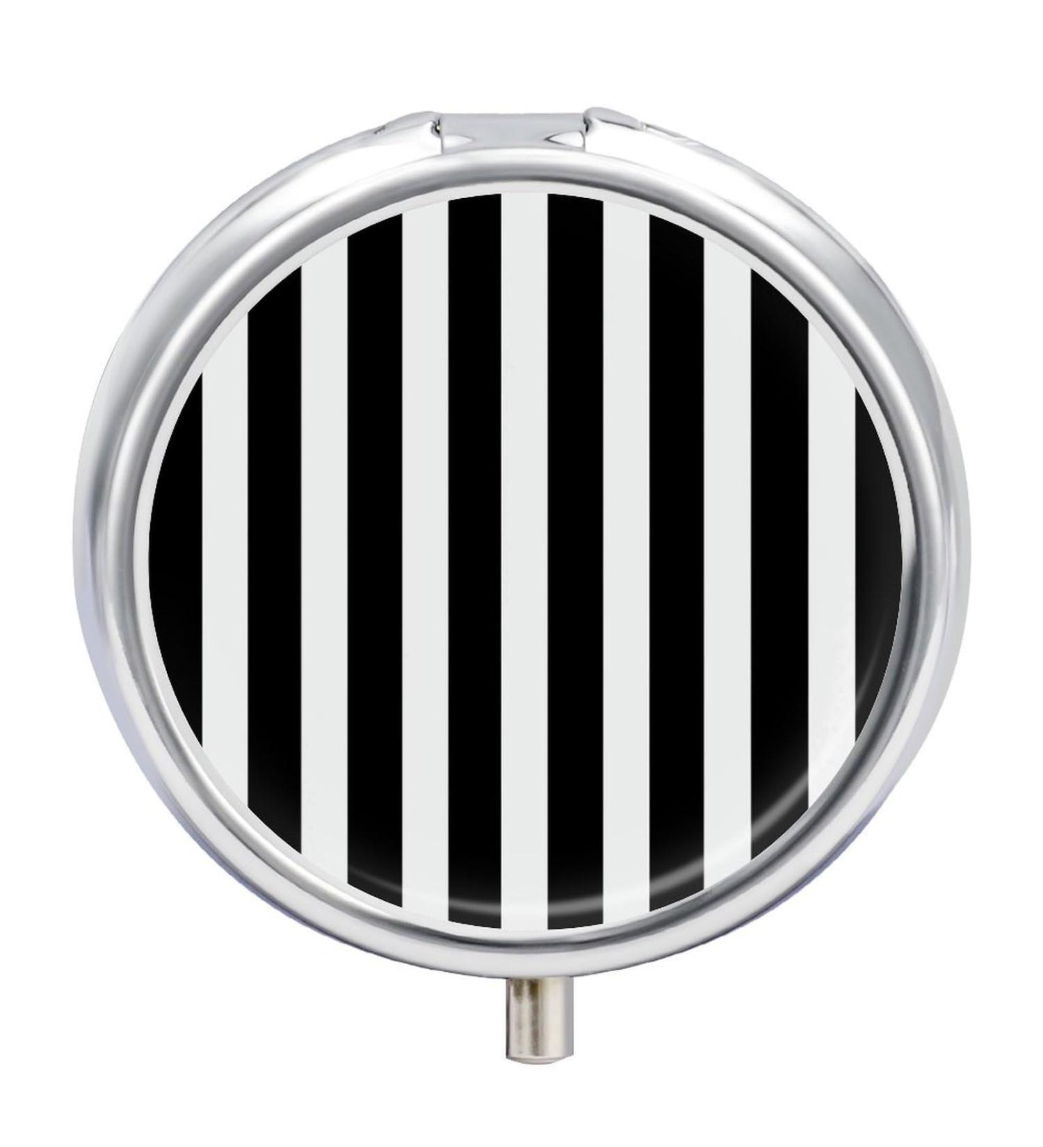 Buy Round Black & White Stripe Pill Box - 3 Compartment Portable Pill Organizer | Decorative Metal Design for Travel - Buy Online on GoSupps.com
