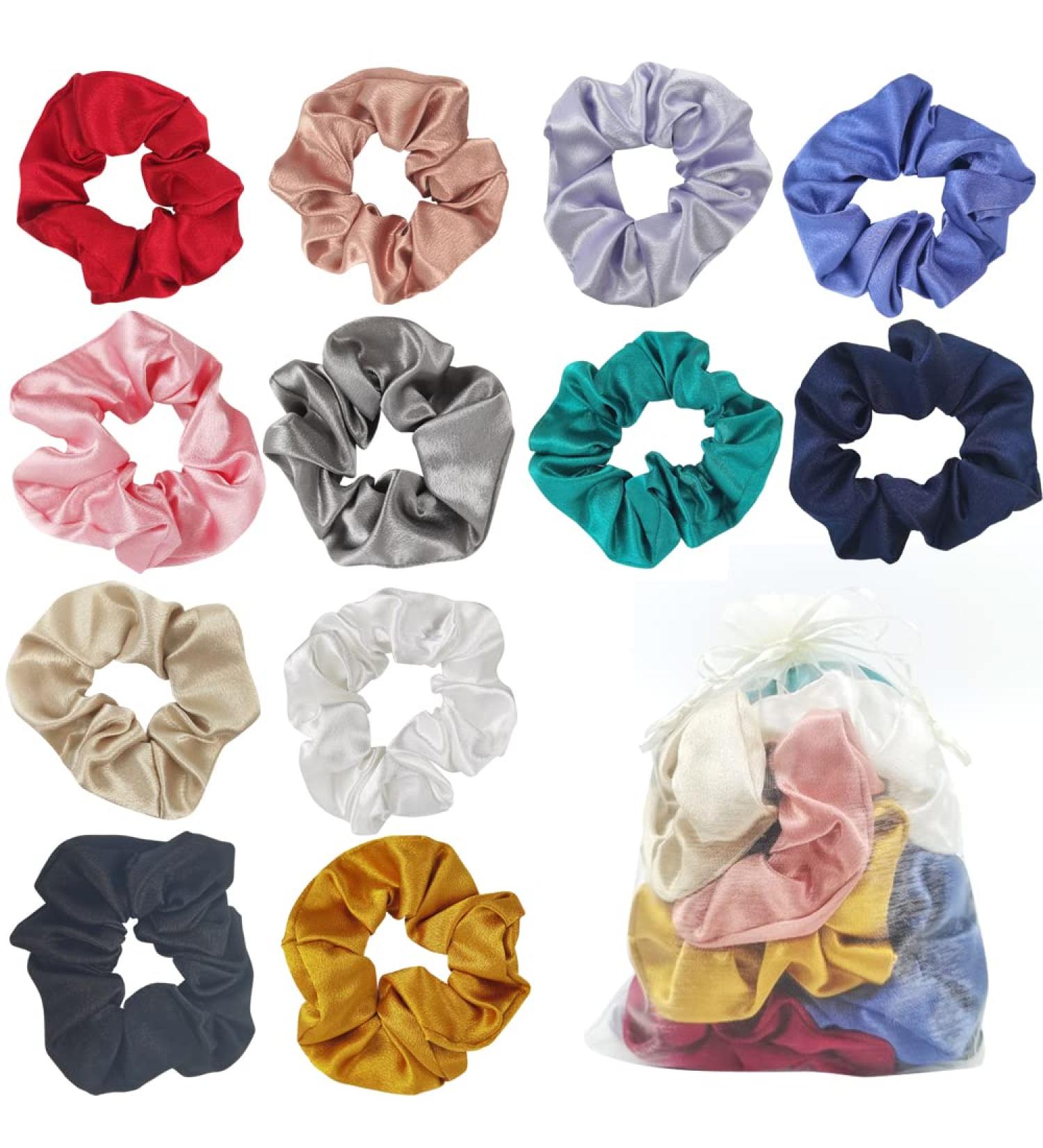 12 PCs Silk Satin Hair Gum Scrunchie Set - Colorful Monochrome Traceless Hair Ties for Women & Girls | Perfect Pferdeschwanz Holders - Buy Online on GoSupps.com