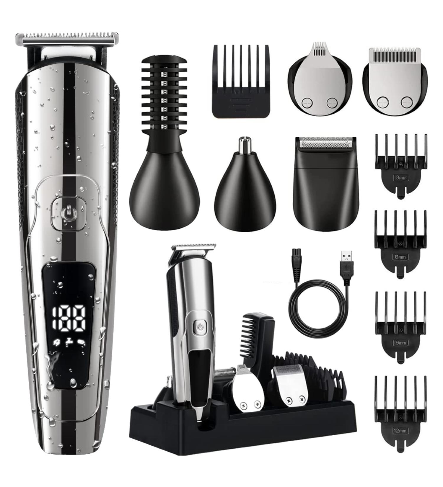 6-in-1 Beard Trimmer Kit for Men - Cordless Electric Hair Clipper with LED Display, Waterproof, USB Rechargeable - Silver - Buy Online on GoSupps.com
