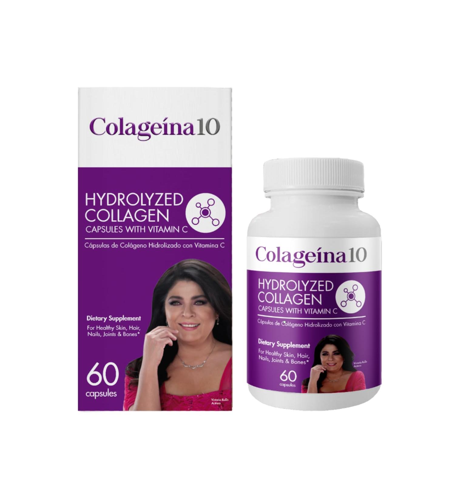 Colageina 10 Hydrolyzed Collagen Capsules with Vitamin C - Anti-Aging Dietary Supplement for Healthy Skin Hair Nails Joints and Bones - 60 Count - Buy Online on GoSupps.com