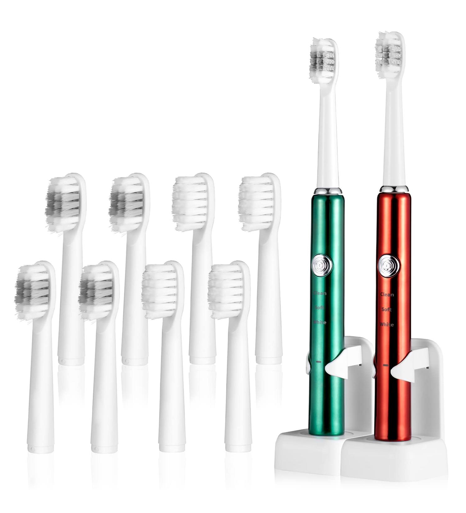 SSBLZYX 2 Pack Sonic Electric Toothbrush for Adults | 35000VPM, 3 Modes, IPX7 Waterproof | 10 Dupont Brush Heads, USB Charging, Holder | Red & Green - Buy Online on GoSupps.com