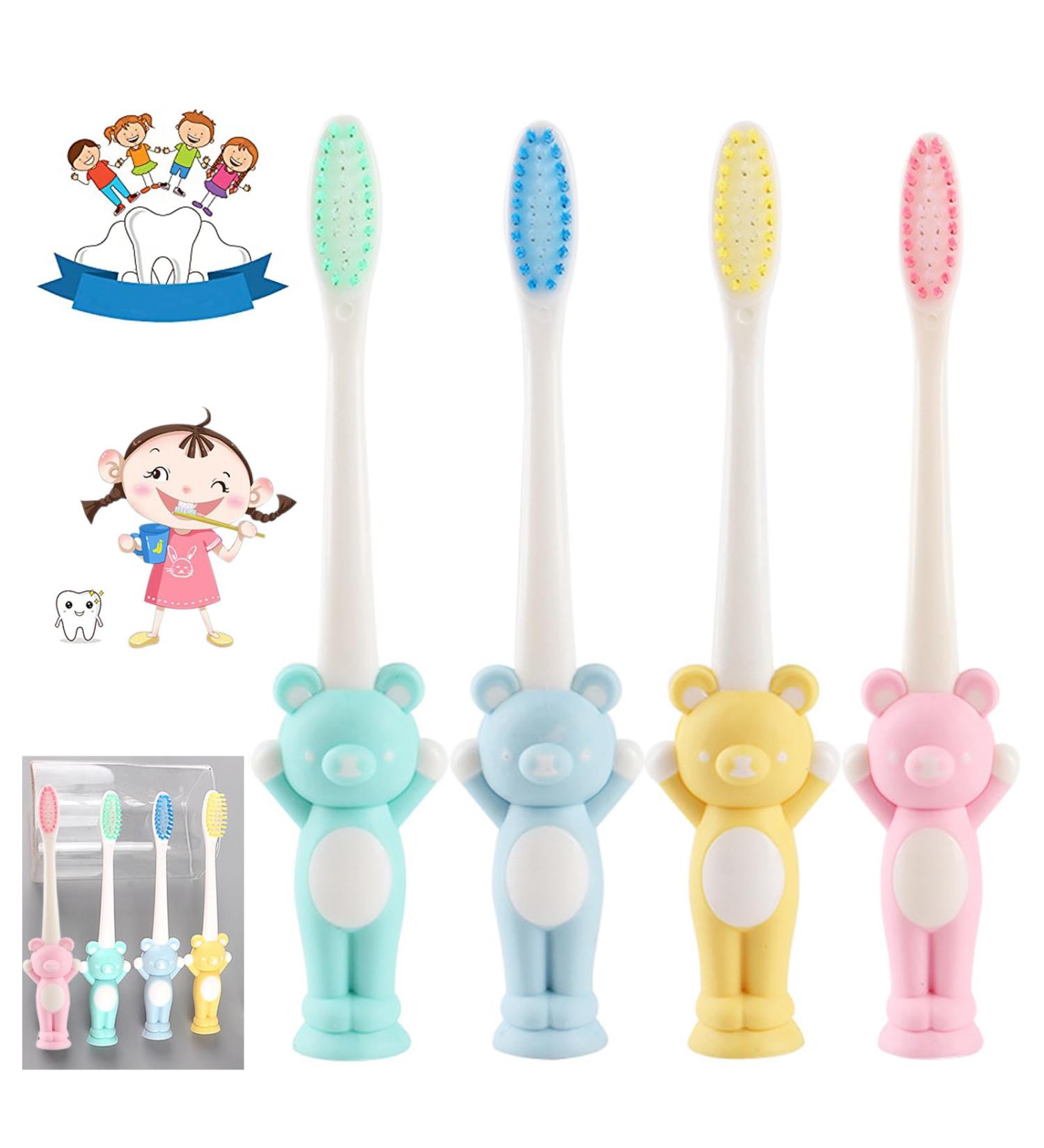 4 Cartoon Raccoon Children's Toothbrushes - Soft Bristle Suction Cup Sensitive Gums - Fun & Durable Dental Care - Buy Online on GoSupps.com