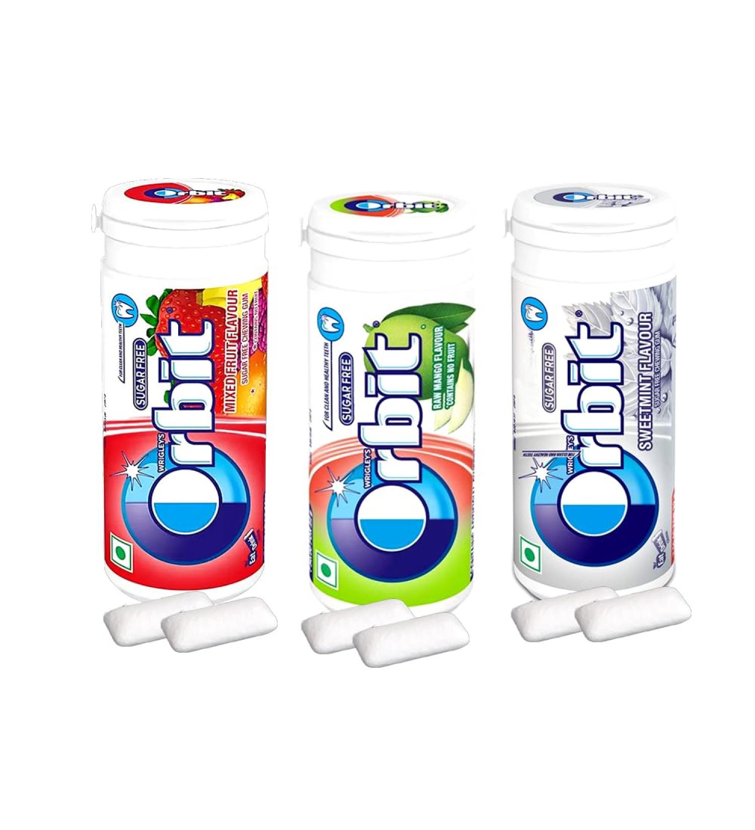 Orbit Sugar Free Chewing Gum Tub 22g - 3 x Mixed Flavours of Orbit Chewing Gum Tub 22g (Mixed Fruit Raw Mango Sweetmint) - Buy Online on GoSupps.com