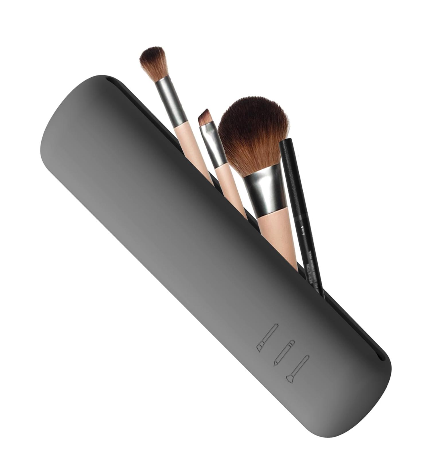 Fvion Travel Make-Up Brush Holder | Silicone Cosmetics Organizer | Portable Makeup Brush Pocket (Brown/Gray) | Ideal for Travel - Buy Online on GoSupps.com