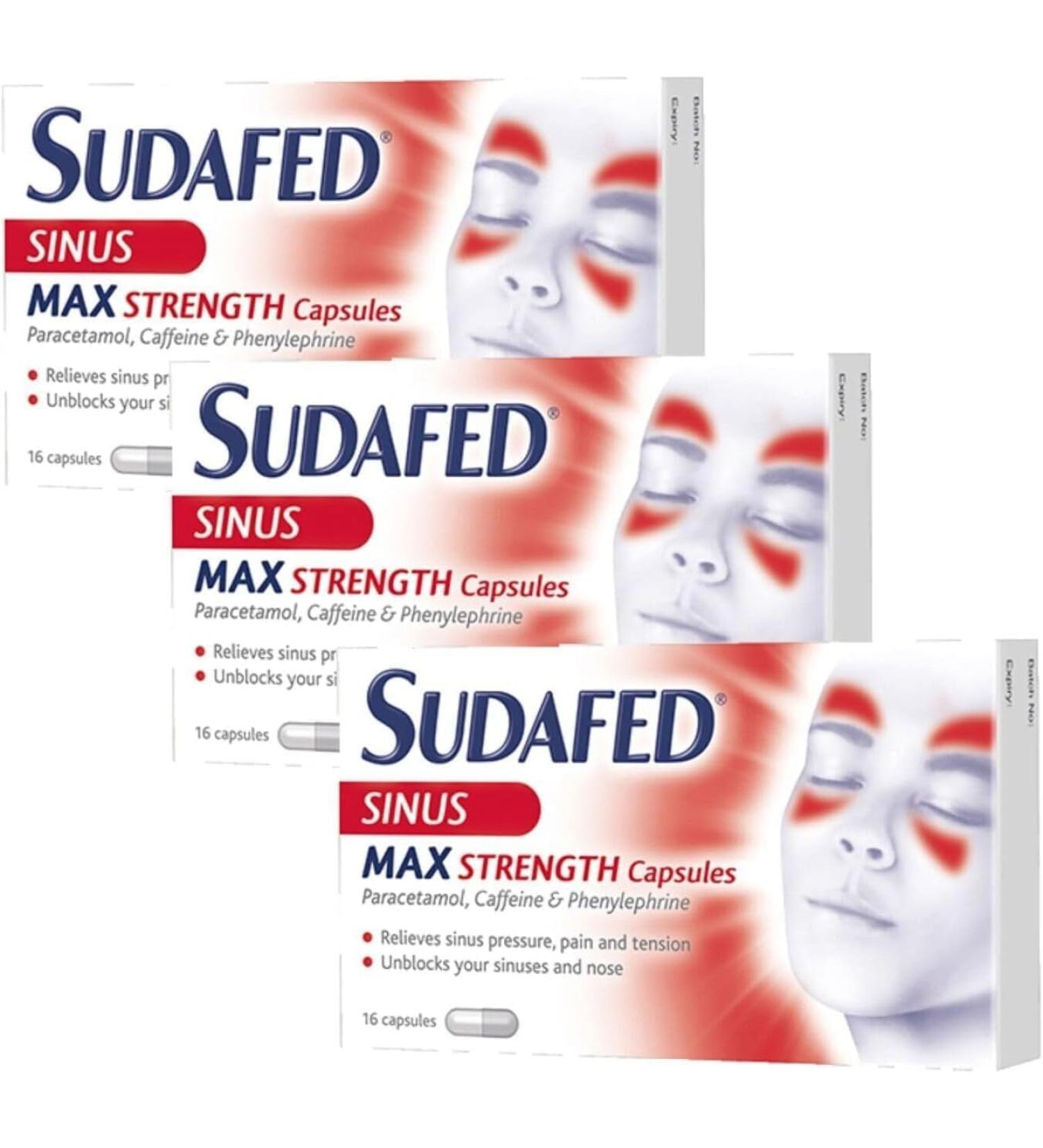 Sudafed Sinus Max Strength Capsules Relieves Sinus Pressure and Pain Relieves Symptoms of Blocked Nose Headache Fever Aches and Pain - X3 Pack of 16 | Total 48 Capsules - Buy Online on GoSupps.com