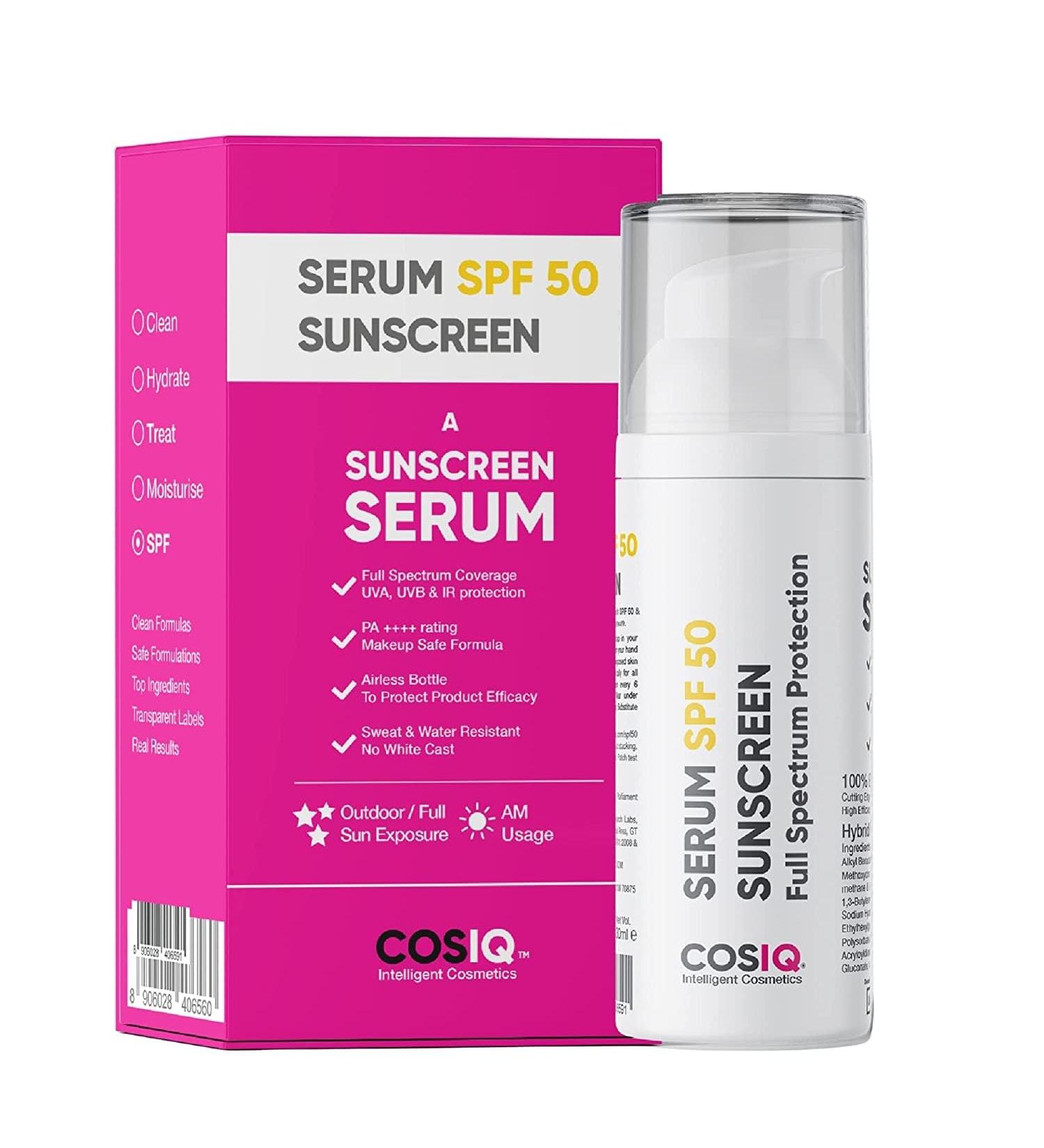 C0S-lQ Outdoor Sunscreen Serum SPF 50 PA++++ Broad Spectrum UVA UVB and IR Protection Zero White Cast Ultra Light Weight Skin Safe Dewy Finish (30 ml (Pack of 1) White) - Buy Online on GoSupps.com
