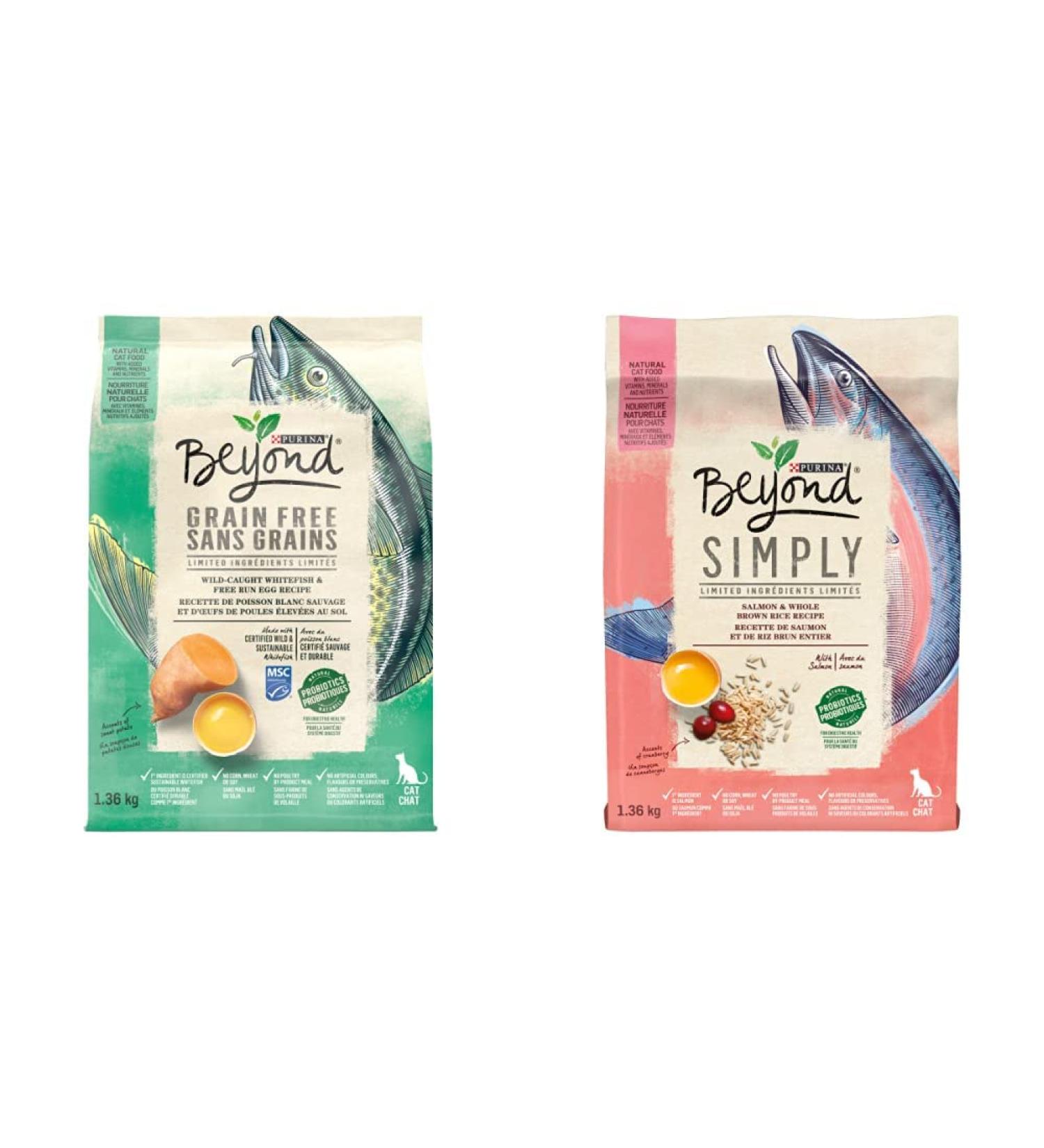 Beyond Grain Free Natural Dry Cat Food Ocean Whitefish & Egg + Beyond Simply Natural Dry Cat Food Salmon & Whole Brown Rice (1.36 kg Bags) - Buy Online on GoSupps.com