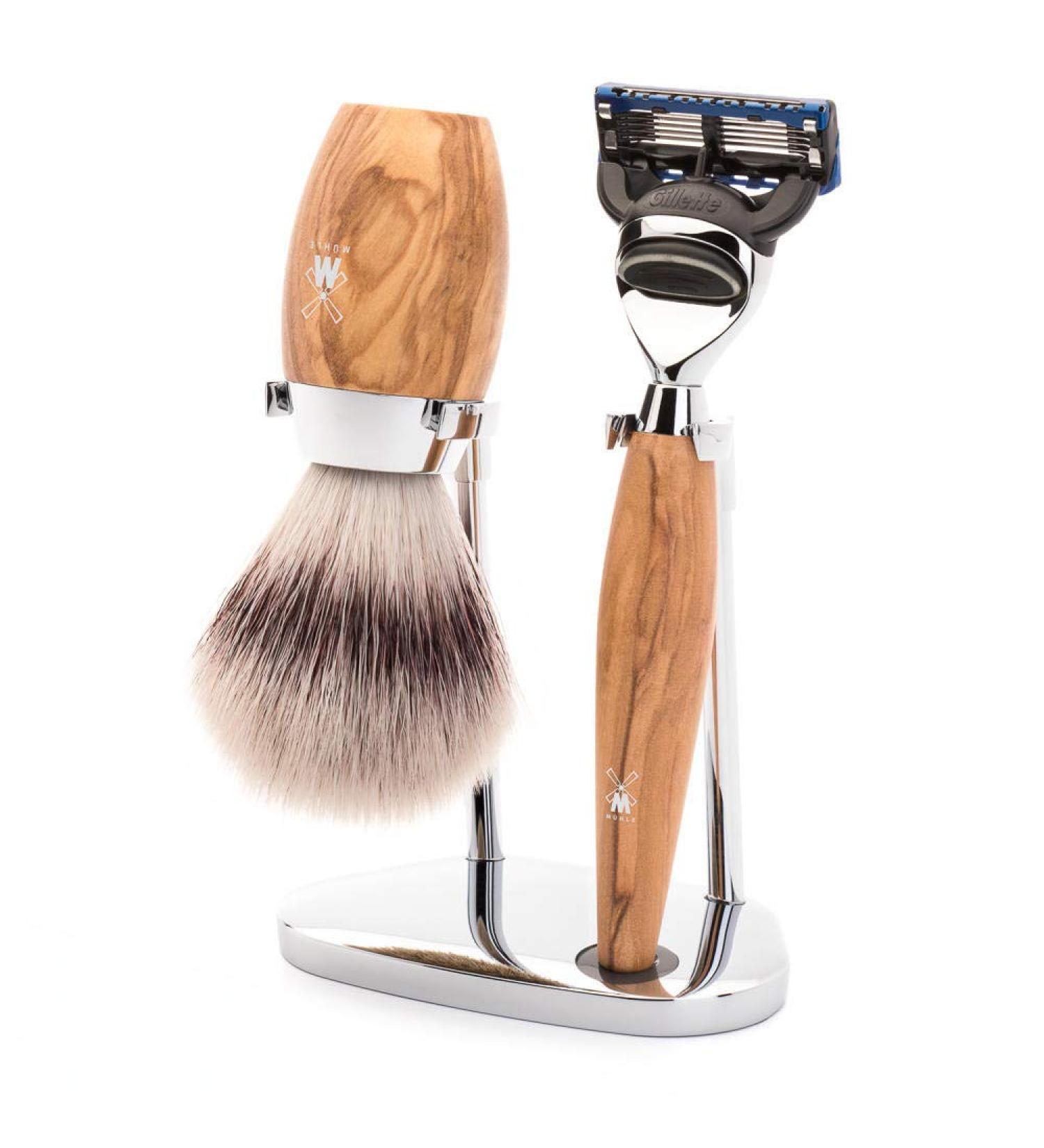 M HLE shaving set - Kosmo series - Silvertip Fibre - compatible with Gillette blades - olive wood