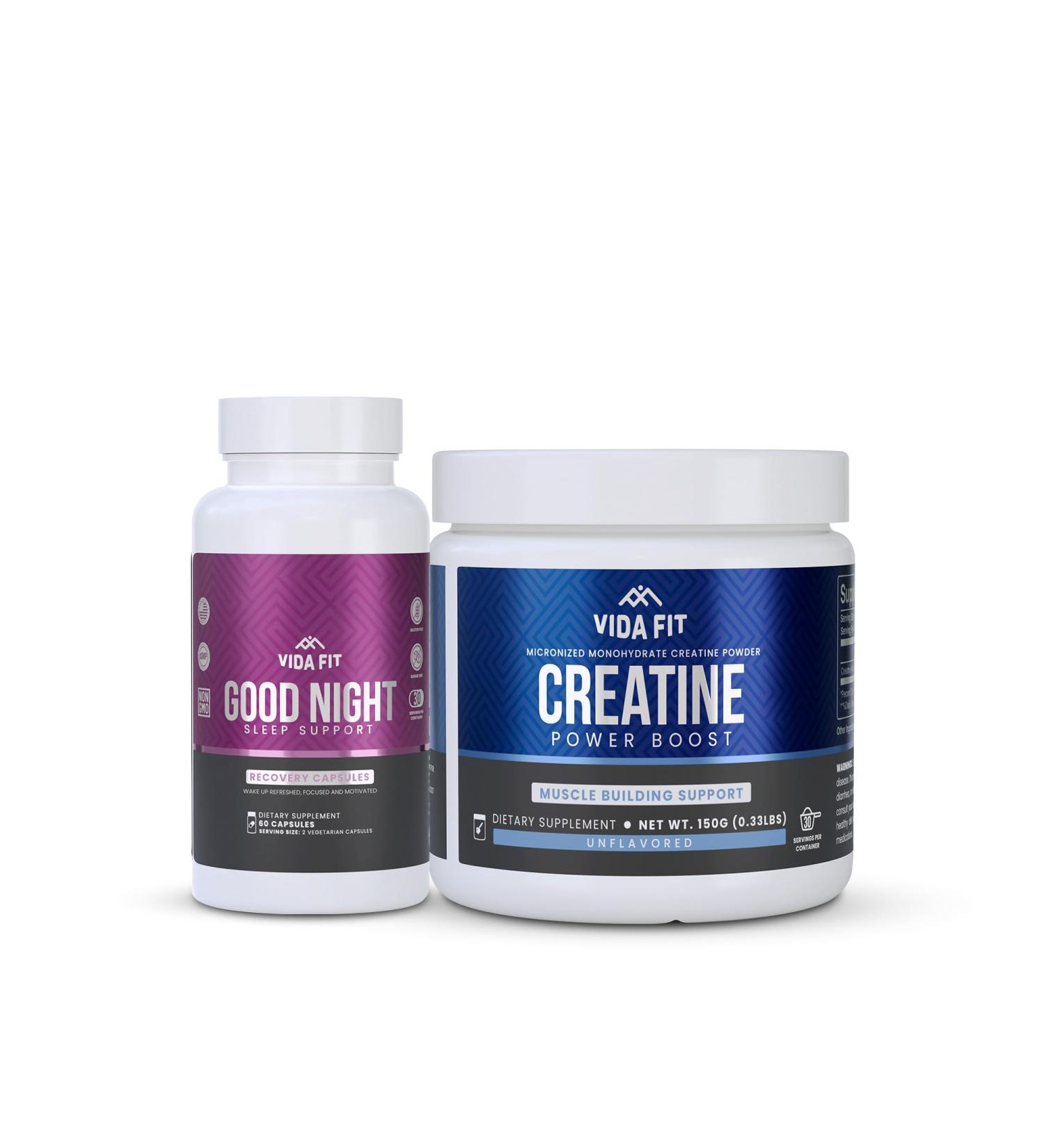 Good Night Natural Sleep Aid (60 Capsules) & Micronized Creatine Monohydrate Powder (150g) Bundle Natural Sleep Support with Melatonin Ashwagandha & L-Theanine Plus Pure Vegan Creatine for Enhance - Buy Online on GoSupps.com