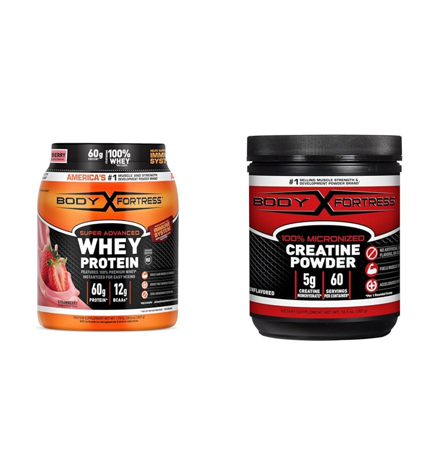 Bundle of Body Fortress Super Advanced Whey Protein Powder Strawberry1.78 lbs + Body Fortress 100% Micronized Creatine Monohydrate Powder 300g (60 Servings 5g Scoop) Unflavored