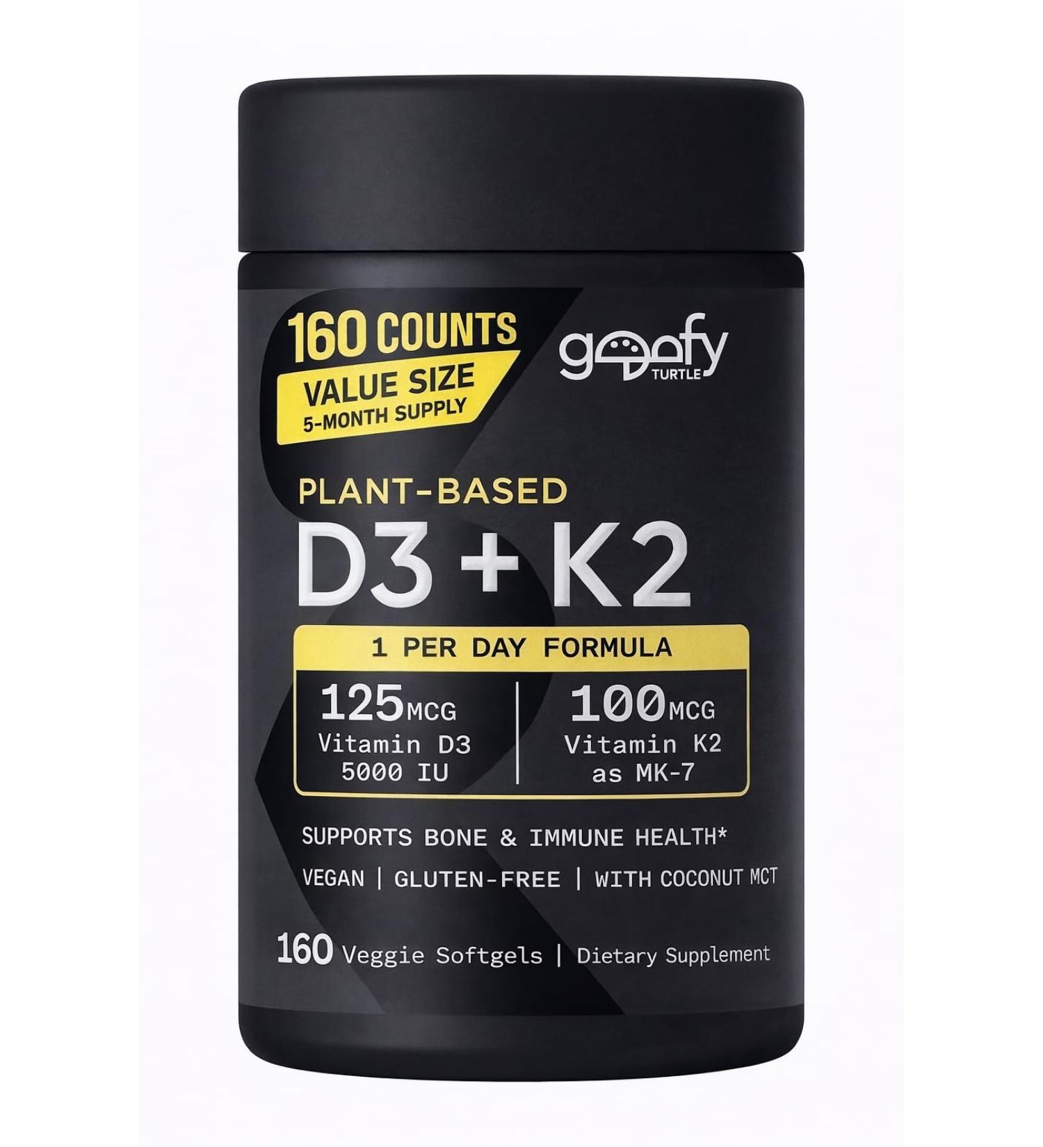 GOOFY TURTLE Sports Vitamin D3 K2 with 5000iu of Plant-Based D3 & 100mcg of Vitamin K2 as MK-7 Non-GMO Verified & Vegan Certified - 160 Liquid Softgels