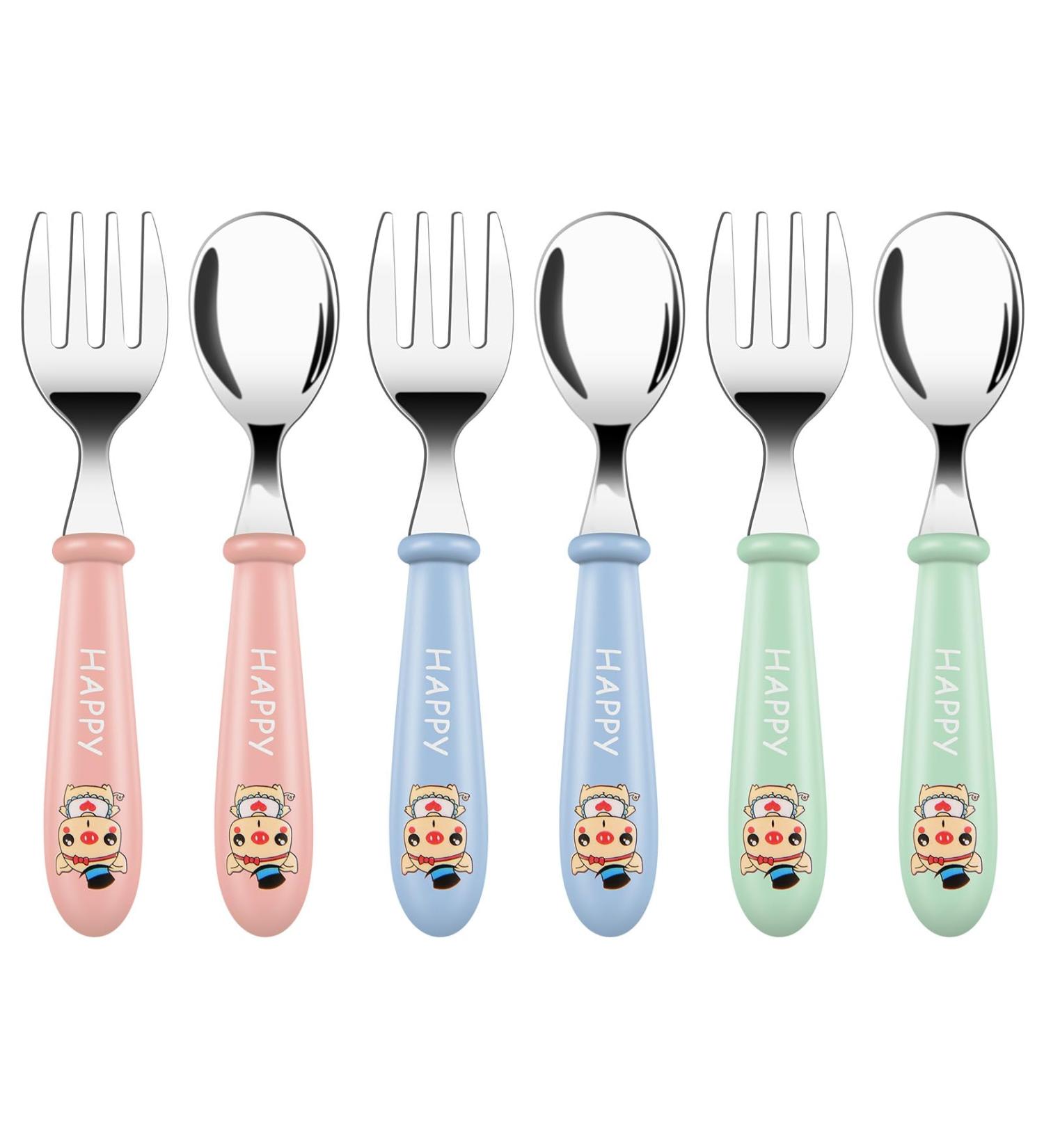 Vicloon Baby Fork and Spoon Set - Stainless Steel Toddler Utensils for Feeding - Pig Pink/Blue/Green - Buy Online on GoSupps.com