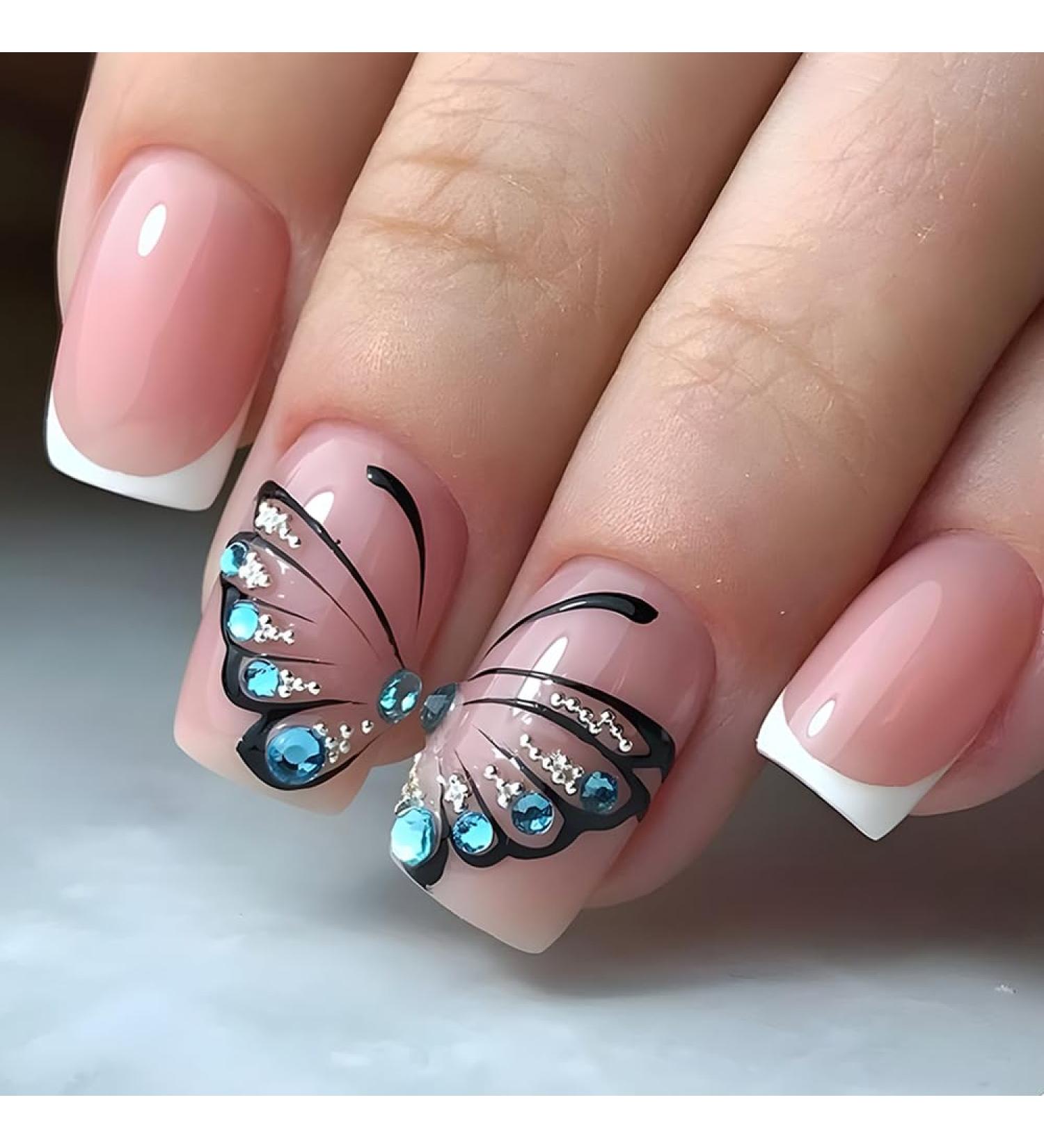 French Tip Press on Nails - Short Square Press On Nails with Nail Tips White edged French Blue Sparkling Butterfly Fake Nails press on nails Acrylic False Nails Cute Artificial Nails - Buy Online on GoSupps.com