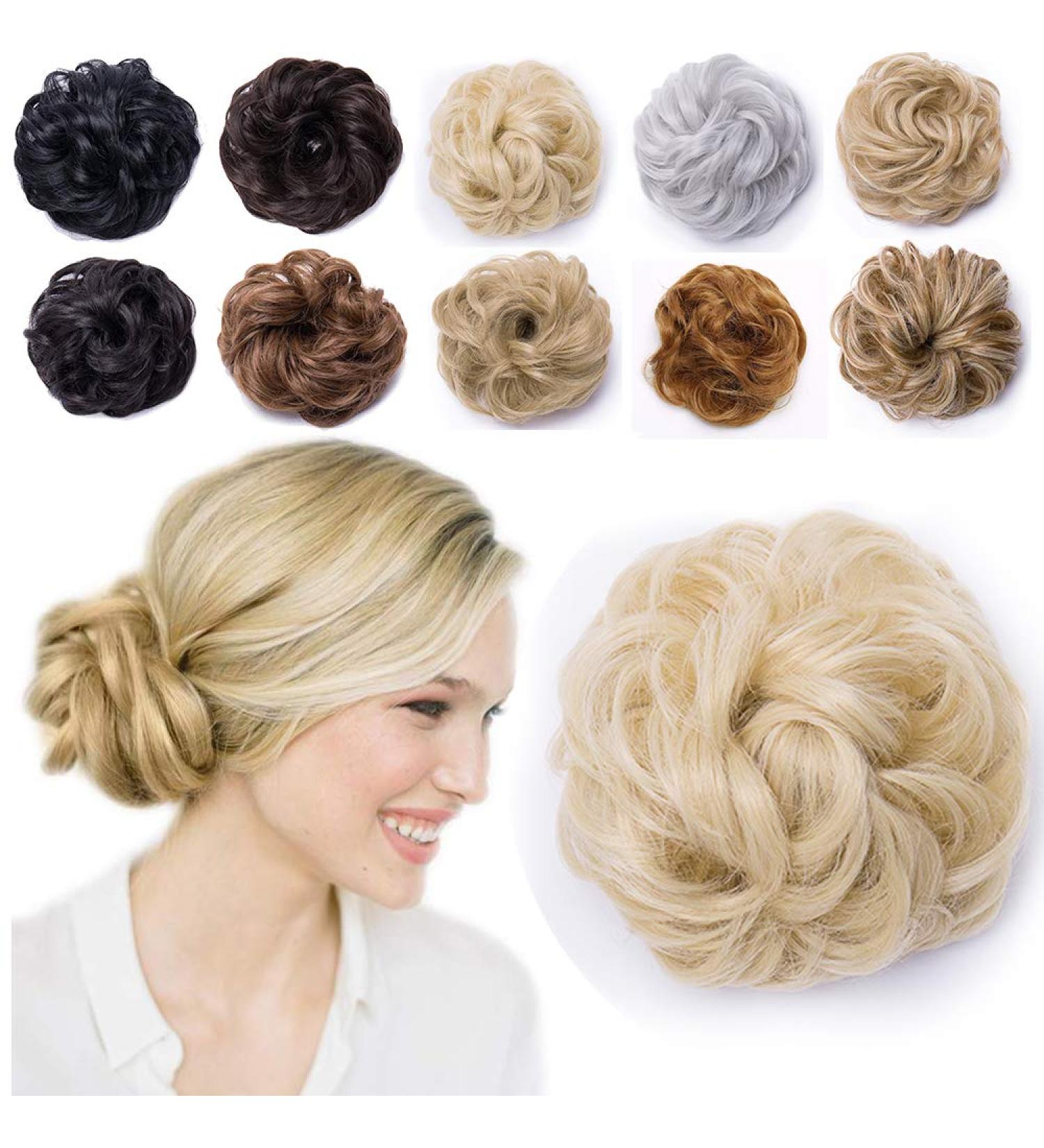 Bleach Blonde Hair Donut Scrunchie Bun Updo Extension - 7 Inch Wavy Curly Messy Ponytail - Buy Online on GoSupps.com