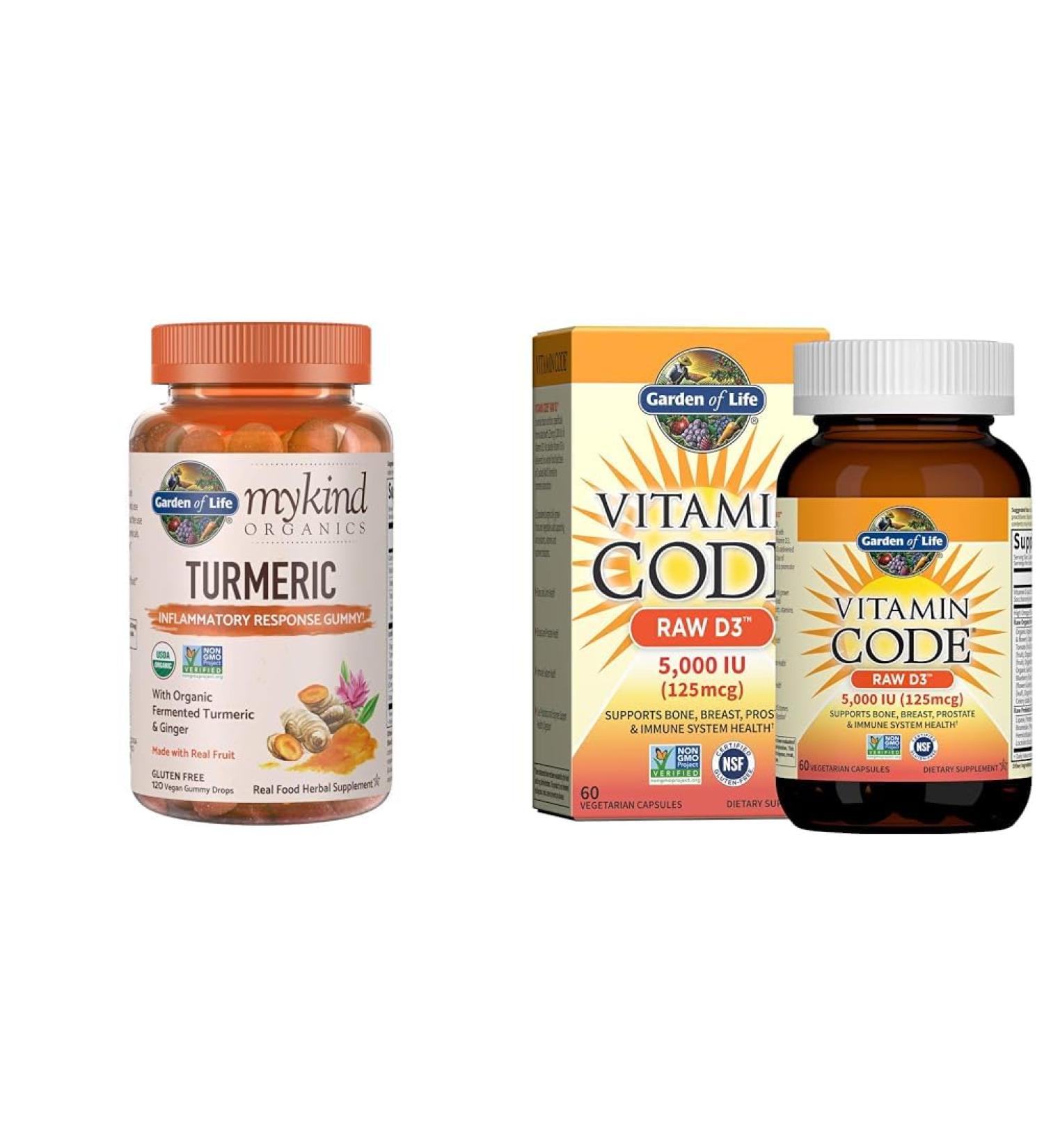 Garden of Life Organics Turmeric Inflammatory Response Gummy - 120 Real Fruit Gummies & Vitamin D Vitamin Code Raw D3 Vitamin D 5 000 IU Raw Whole Food Vitamin D Supplement - Buy Online on GoSupps.com