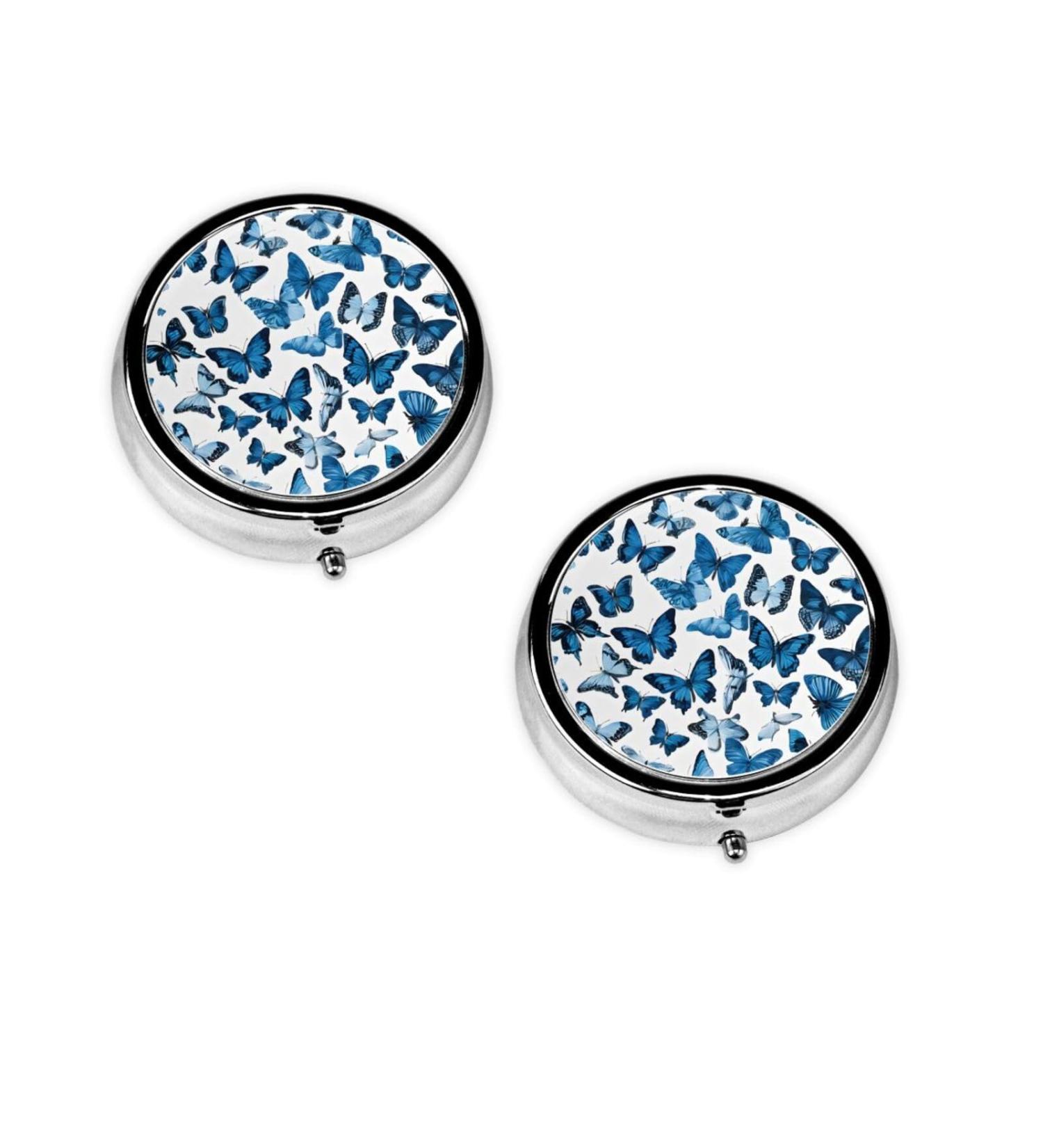 Blue Butterflies Round Pill Box | 3 Compartment Mini Decorative Travel Organizer for Tablets & Vitamins - Buy Online on GoSupps.com