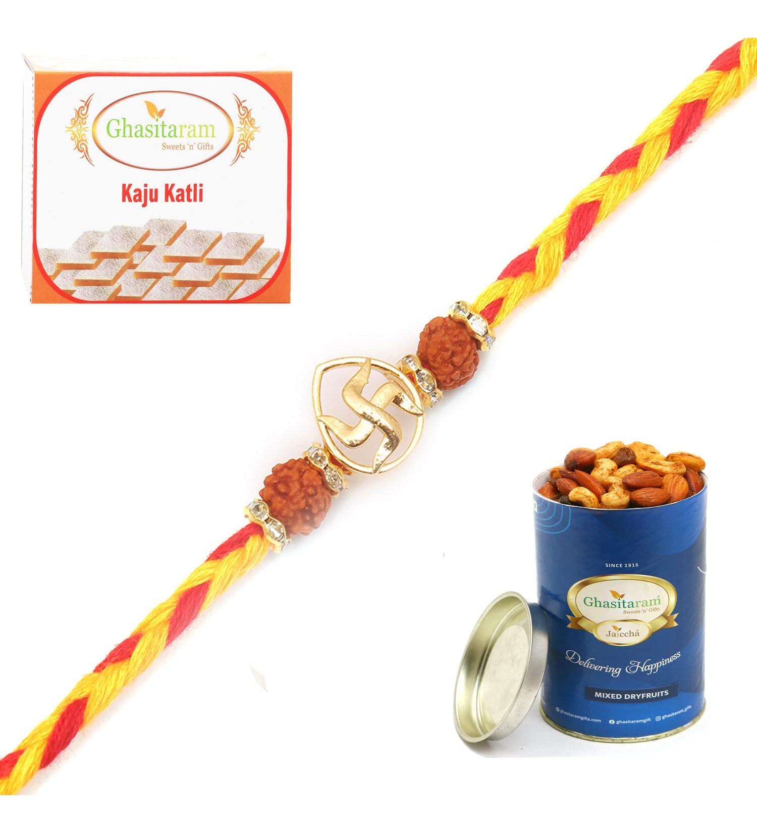 Ghasitaram Gifts Rakhi for Brother Rakhis Online - RM605 - Swastik Rudraksh Bracelet Rakhi with 100 GMS of Dryfruits Mix Can 200 GMS of Kaju katli Rakhi with 100g Dryfruits Mix Can &200g Kaju katli - Buy Online on GoSupps.com