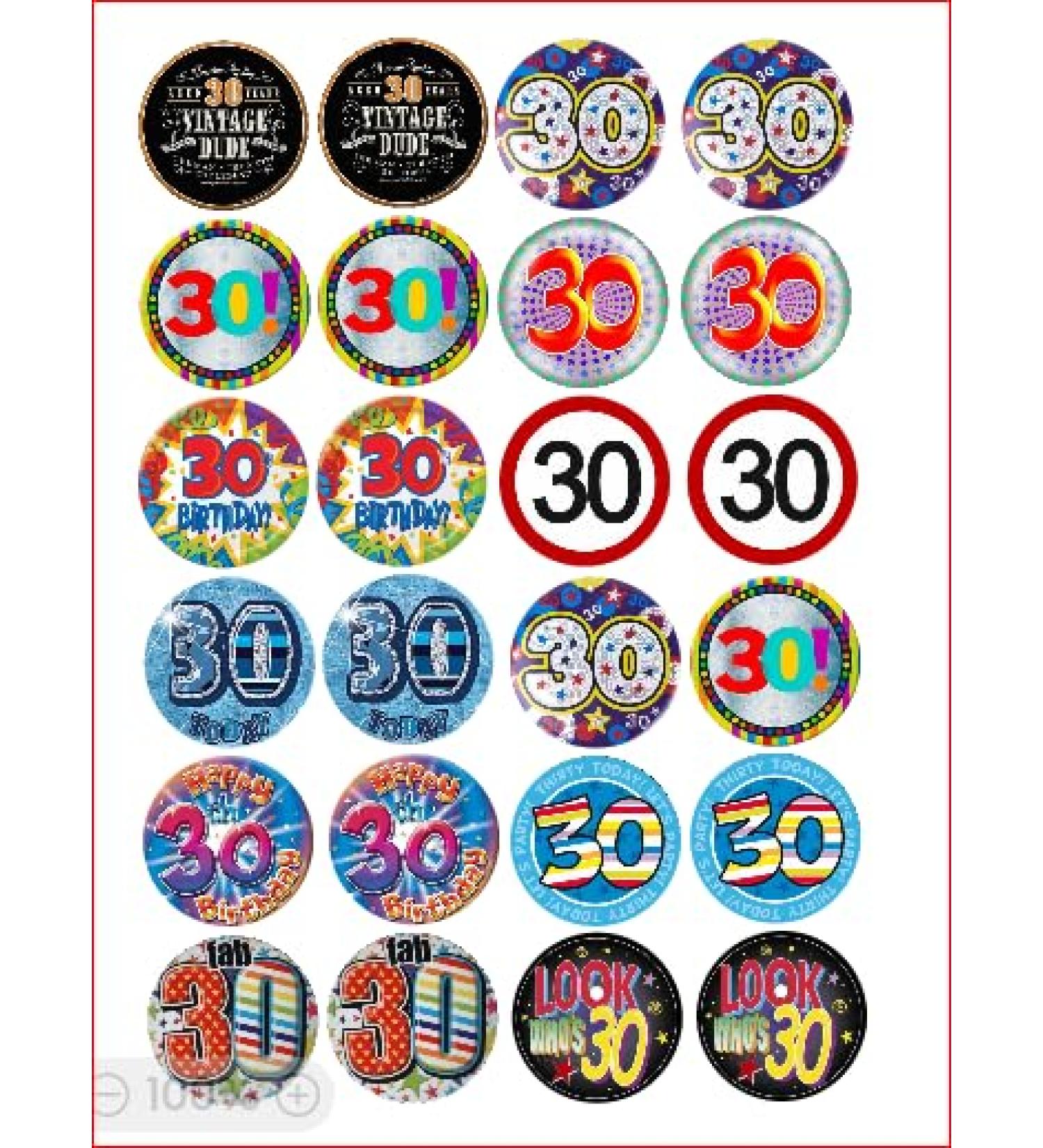 24 Assorted 30th Birthday Male Pre-Cut Edible Premium Rice Card Cup Cake Toppers
