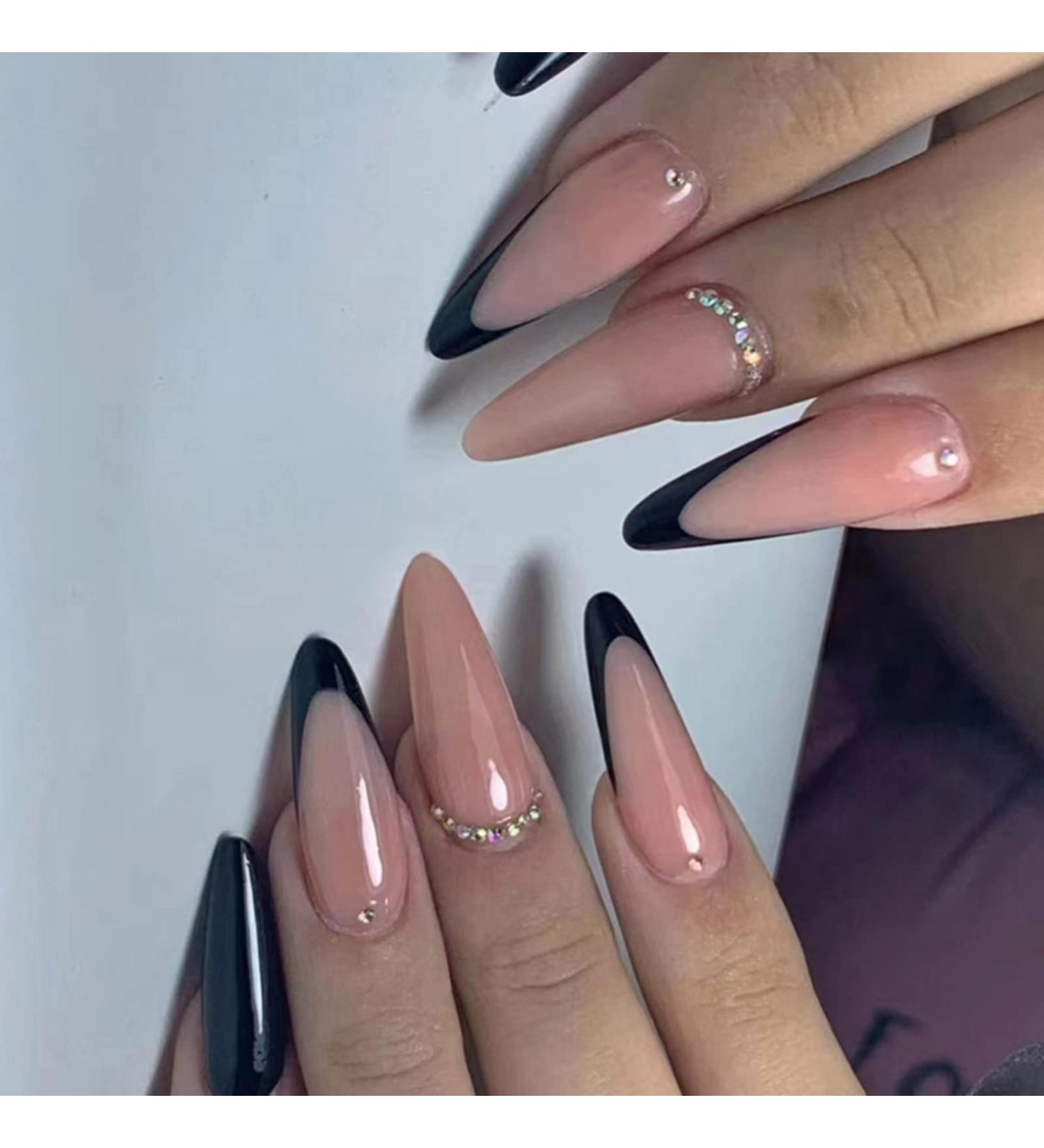 JUSTOTRY 24 Pcs Stiletto False Nails with Jewels - Black French Press On Nails for Women - Short Nude Almond Fake Nails with Glue - Nail Art Set - Buy Online on GoSupps.com