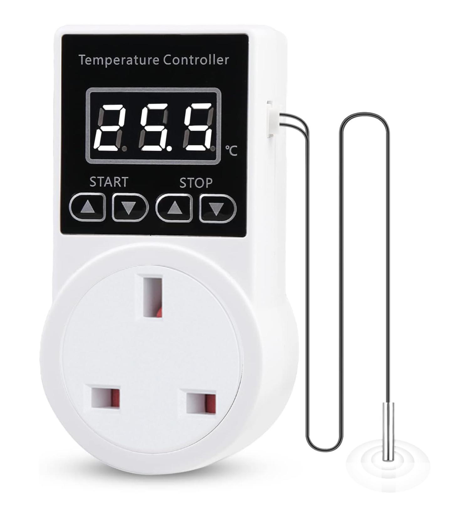 XIEHUZA Digital Thermostat Plug Socket LCD Screen Temperature Controller with Water Proof Sensor Probe Heating Cooling Temperature Switch Outlet for Reptile Greenhouse Terrarium Home 10A - Buy Online on GoSupps.com