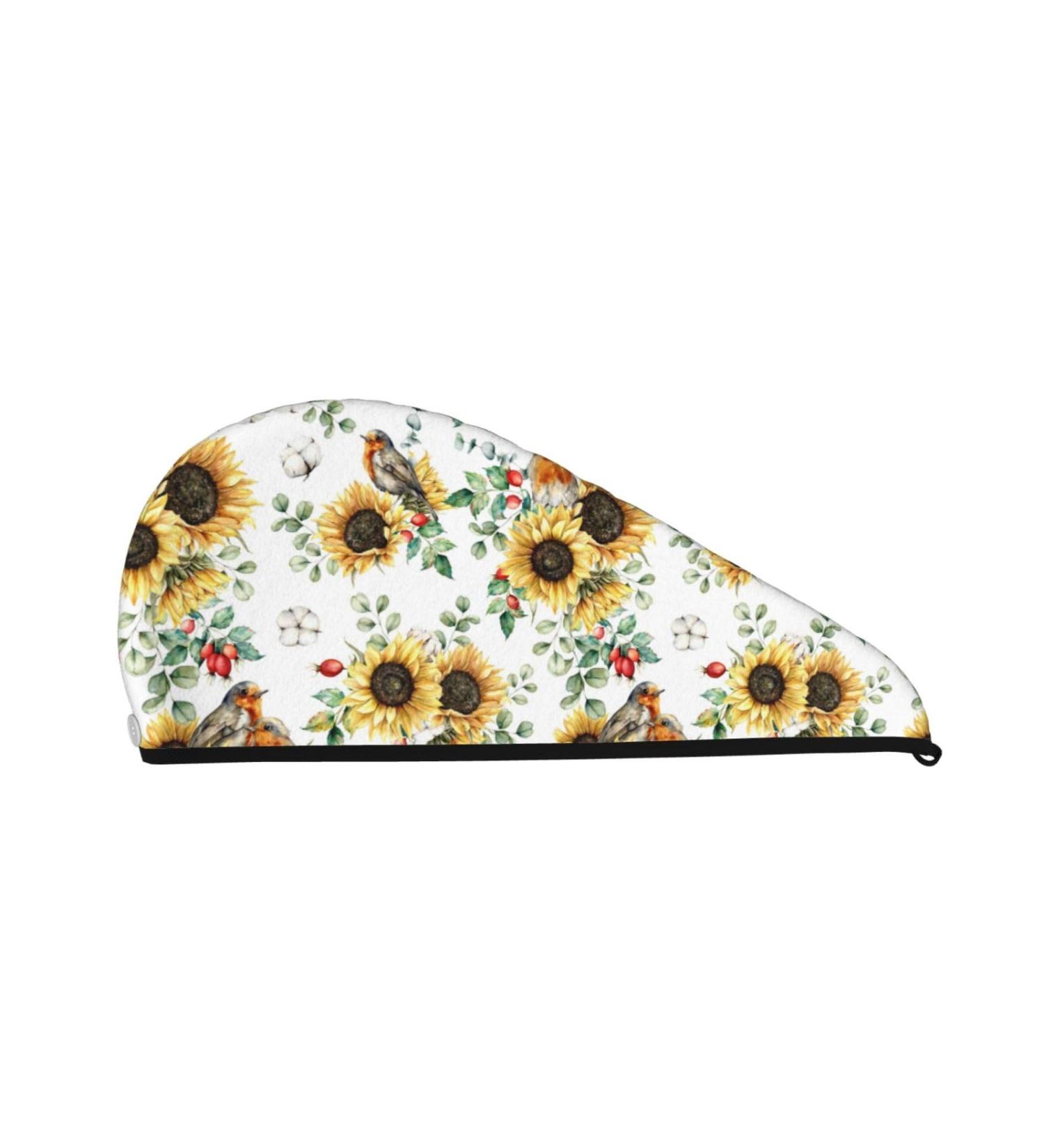 Hair Towel Wrap - Quick Drying Turban with Button | Sunflower Leaves & Birds Design - Buy Online on GoSupps.com