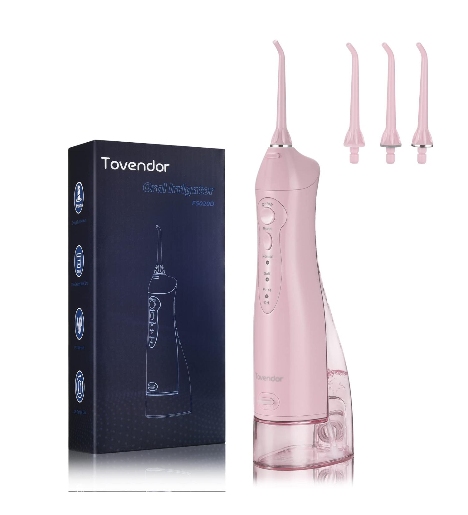 TOVENDOR Electric Water Flosser - Cordless Dental Oral Irrigator | 3 Modes, 3 Tips, 300ML Waterproof Waterflosser - Pink - Buy Online on GoSupps.com