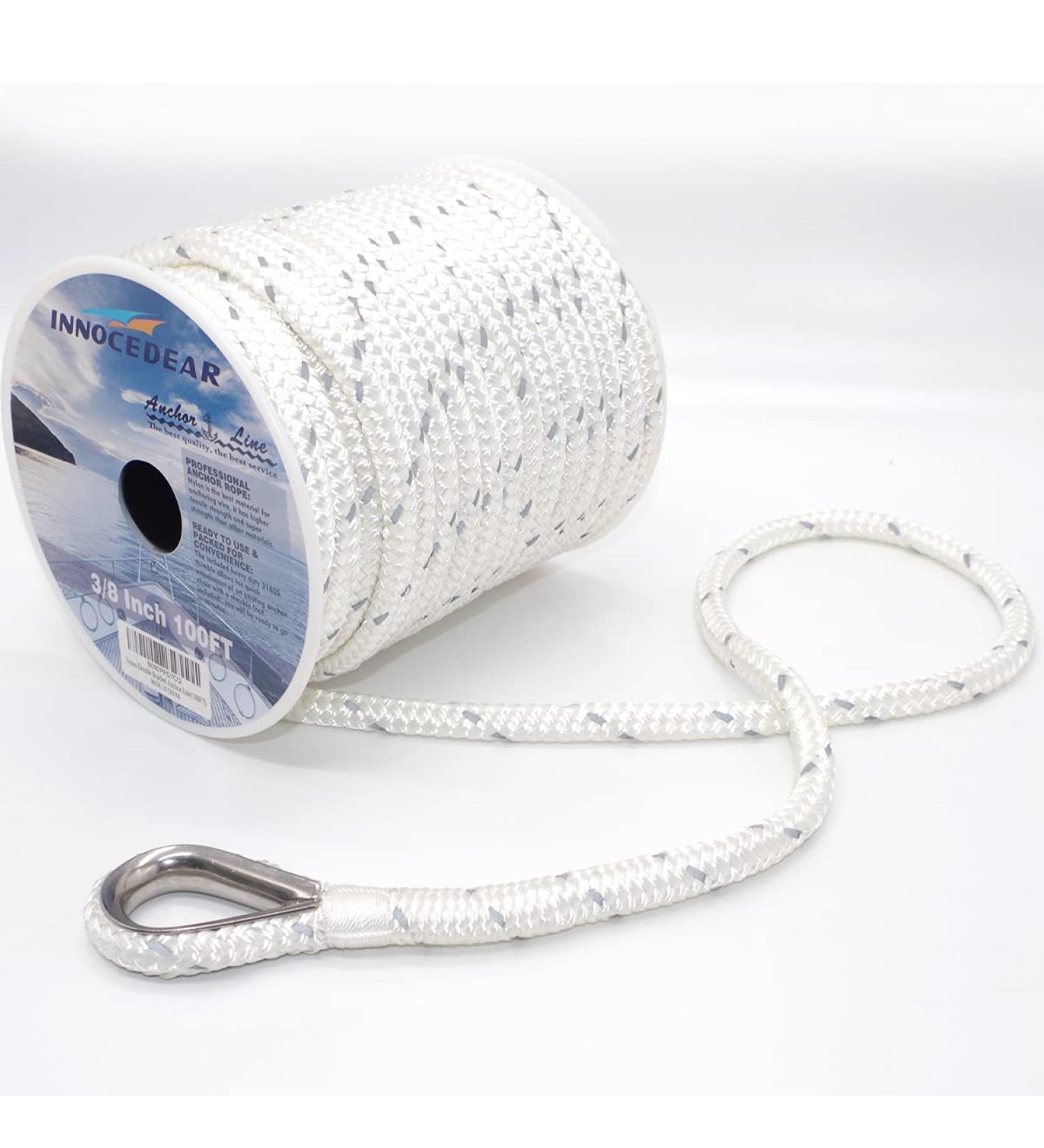 INNOCEDEAR Double Braided Nylon Anchor Rope 100FT - White Reflective, 3/8 x 100' & 1/2 x 150' - Stainless Steel Thimble, Marine Grade Boat Accessories - Buy Online on GoSupps.com