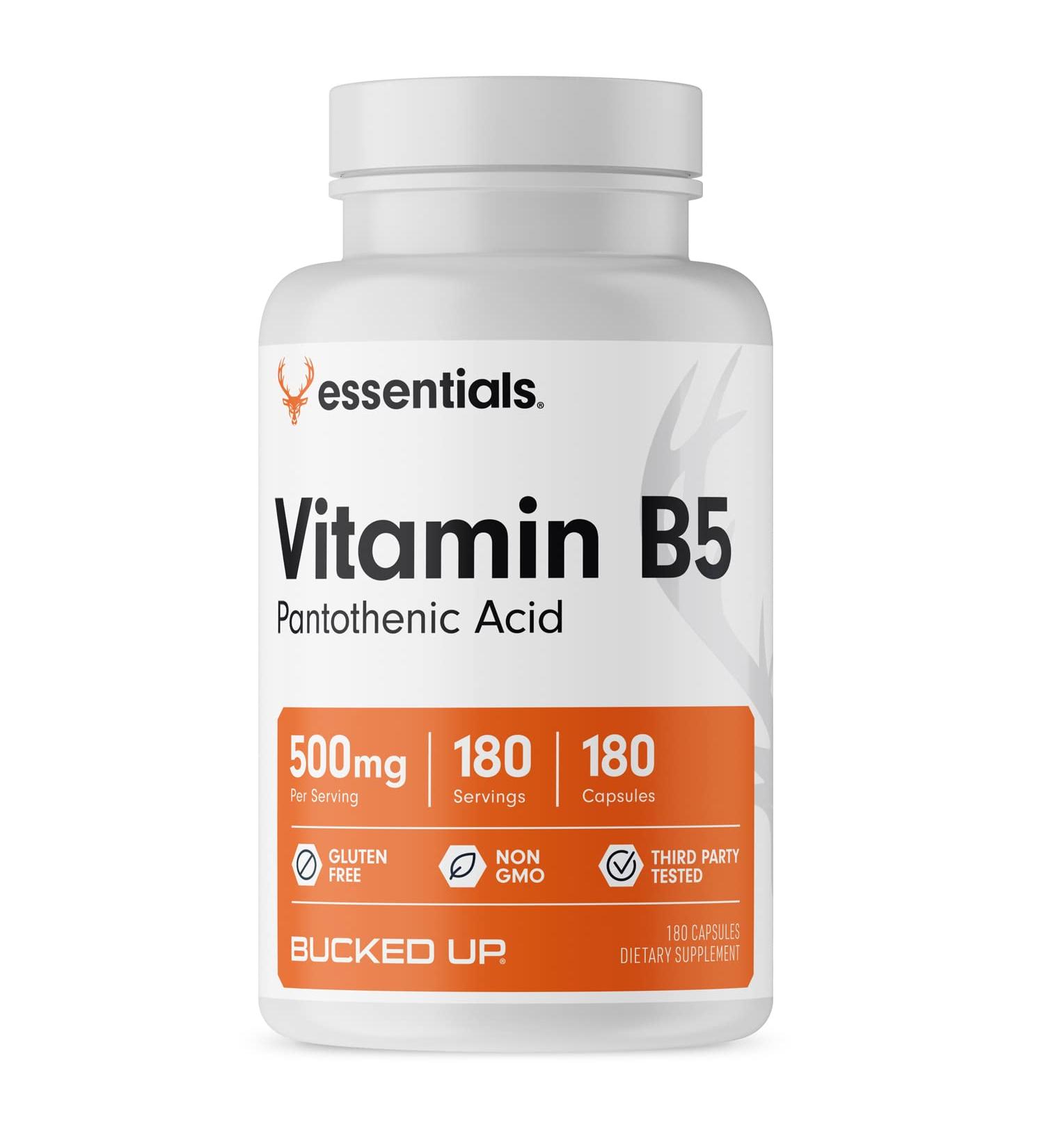 Bucked Up Vitamin B5 (Pantothenic Acid) 500mg Per Serving Essentials (180 Servings 180 Capsules)