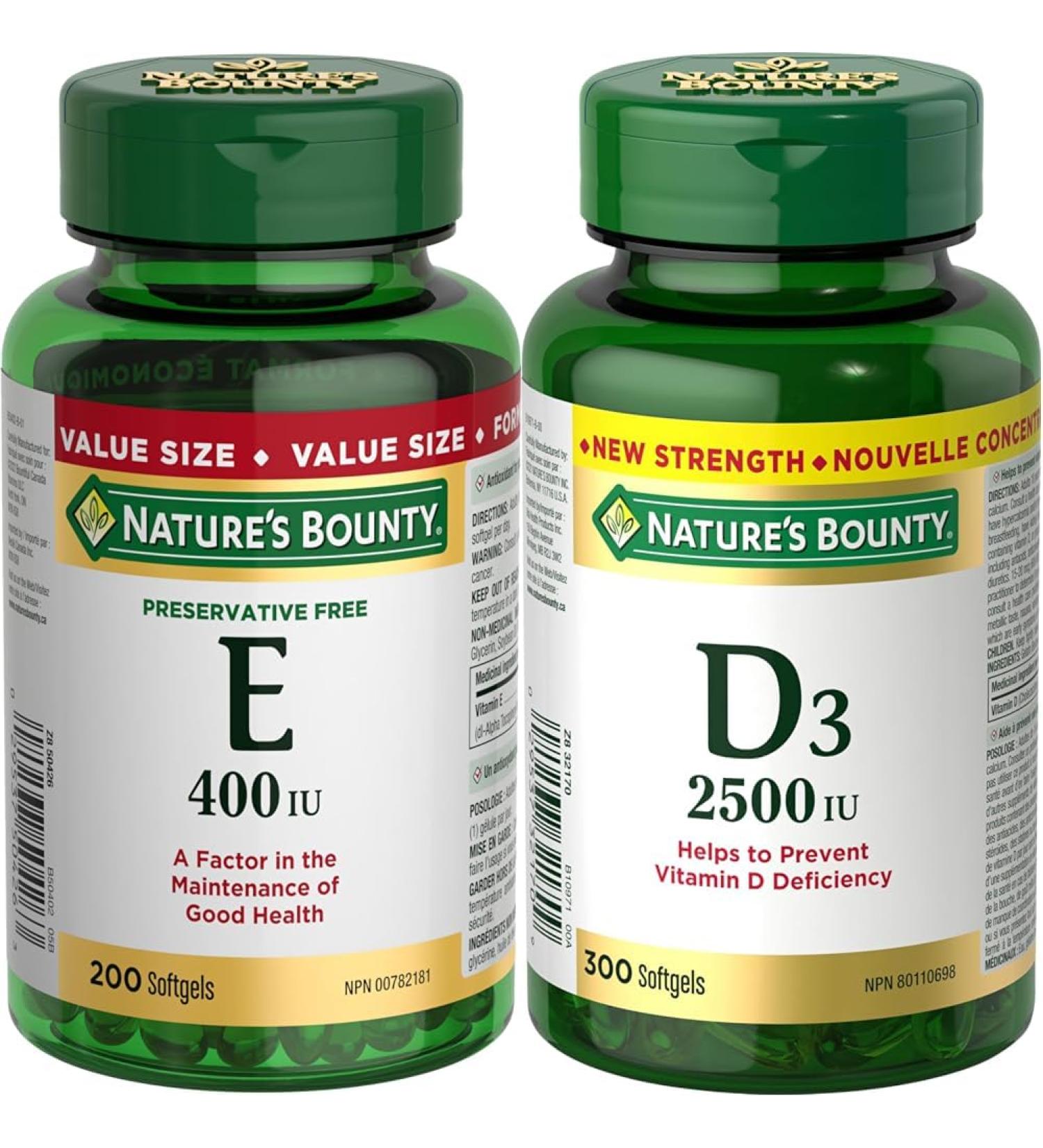 Nature's Bounty Vitamin E Pills And Supplement Helps Maintain Health 400Iu 200 Softgels & Vitamin D3 2500 IU 300 Softgels Helps to prevent Vitamin D deficiency Value Size Vitamin+ Vitamin D3 - Buy Online on GoSupps.com