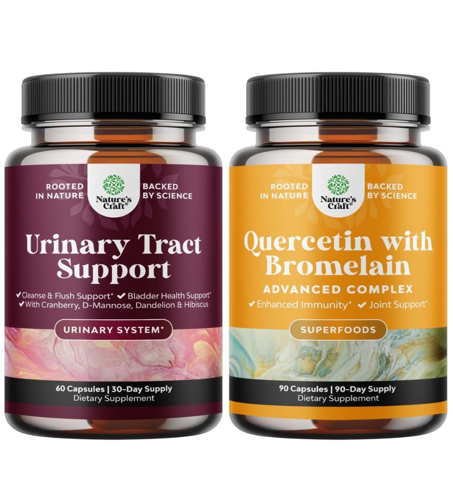 Bundle of High Potency D Mannose Capsules with Concentrated Cranberry for Urinary Tract Health for Women and High Strength Pure Quercetin with Bromelain Supplement for Immune Support and Breathing - Buy Online on GoSupps.com
