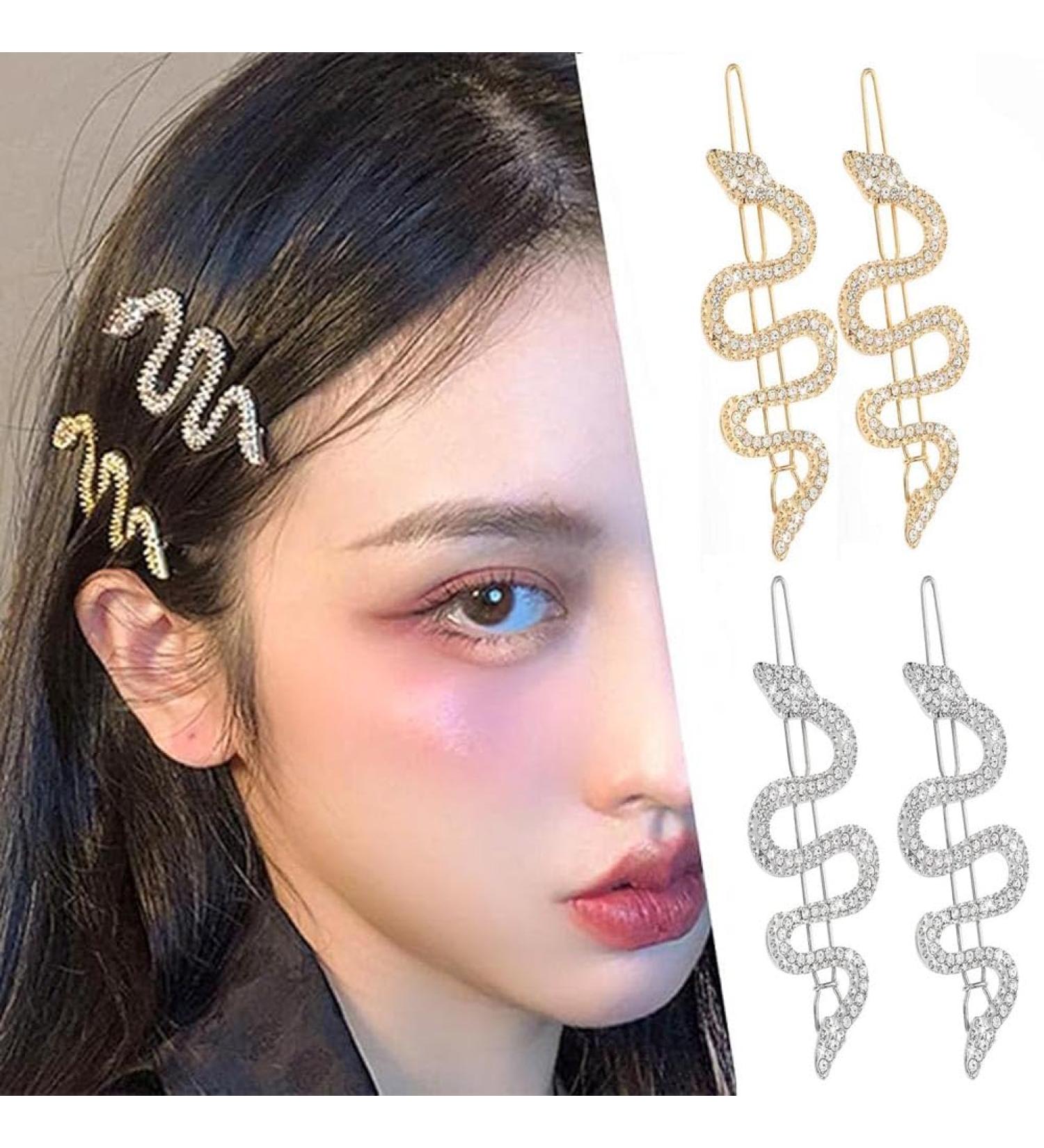 Snake-Shaped Hair Clips - Women's Retro Alloy Rhinestone Flat Clamps Bangs Clips - Gold and Silver Set of 4 - Buy Online on GoSupps.com