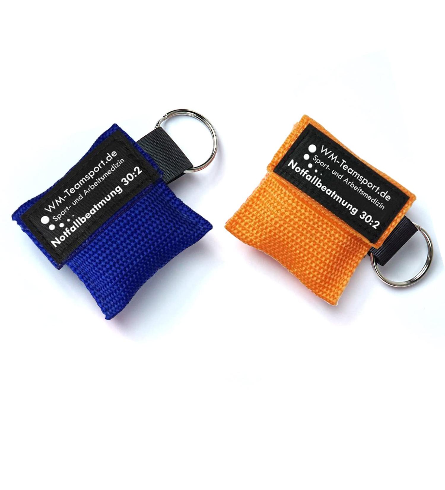 2x emergency breathing aid / cloth in a practical key chain - blue & orange - CPR Mask
