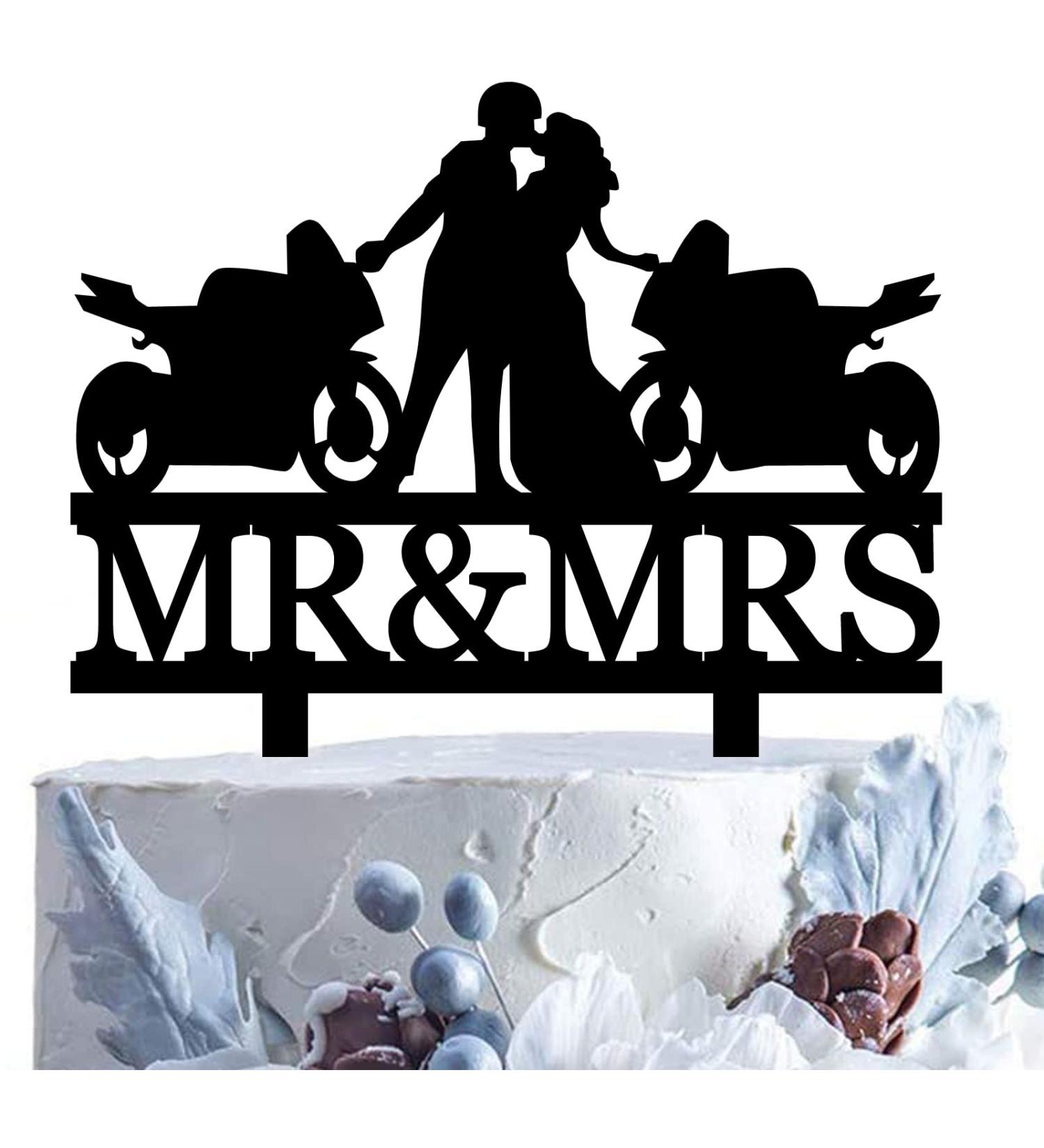 Motorcycle Wedding Cake Topper Funny Mr and Mrs Cake Topper - The Bride and Groom Kissing Face to Face Before Their Motorcycle Funny Motorcycle Bride and Groom Cake Topper - Buy Online on GoSupps.com