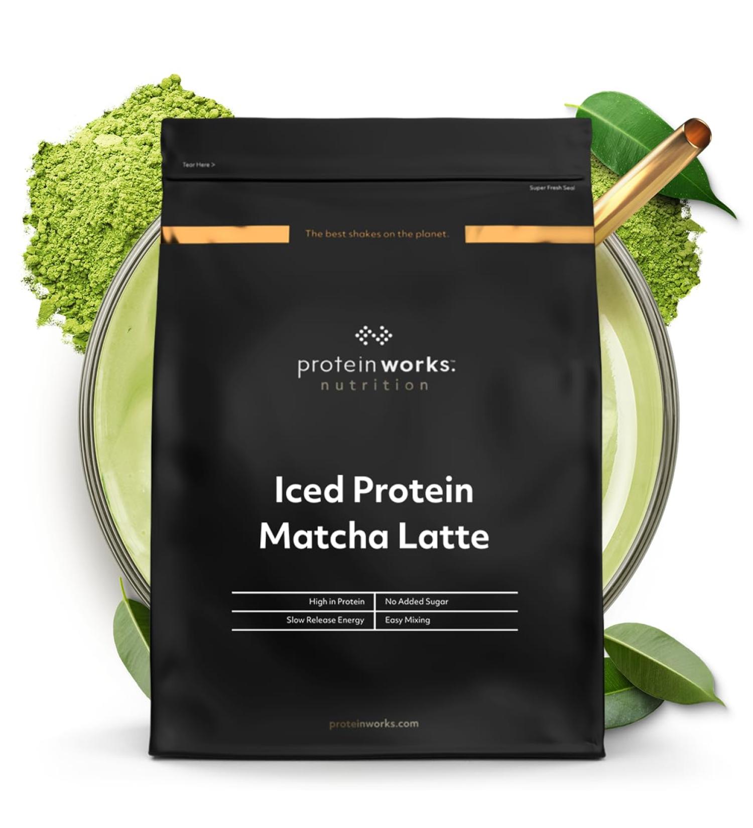 Protein Works - Iced Protein Matcha Latte Th Vert Matcha Premium 26mg Caf ine Riche en Prot ines Sans Sucres Ajout s Soutient la Concentration et la Vigilance 16 Portions (500g) Sans saveur 16 Portions (500g) - Buy Online on GoSupps.com