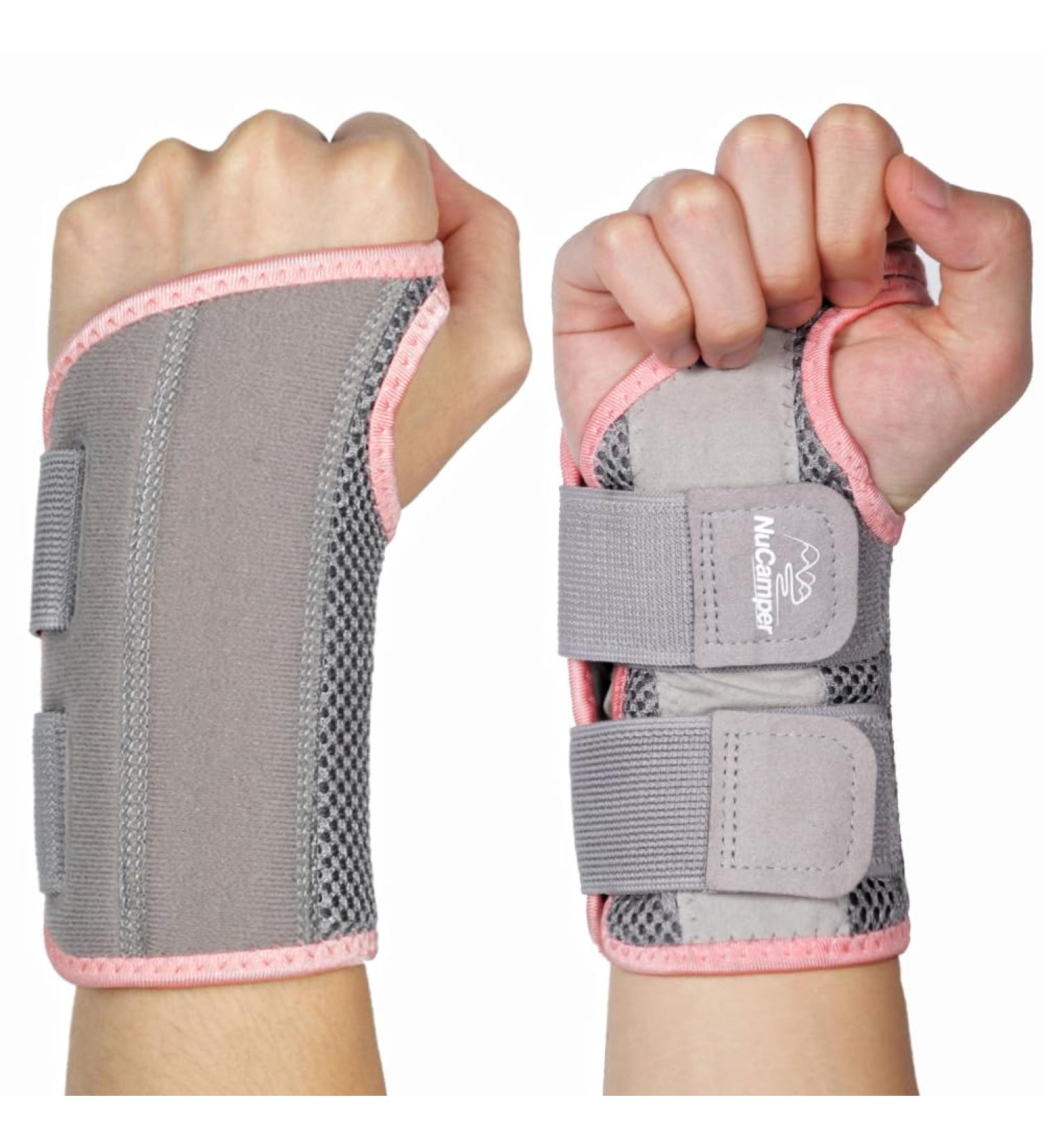 Nucamper Breathable Wristwear - Adjustable Gray-Pink Wrist Bandage with Metal Stabilizer for Arthritis Tendonitis & Sprains - L/XL Left Hand - Buy Online on GoSupps.com