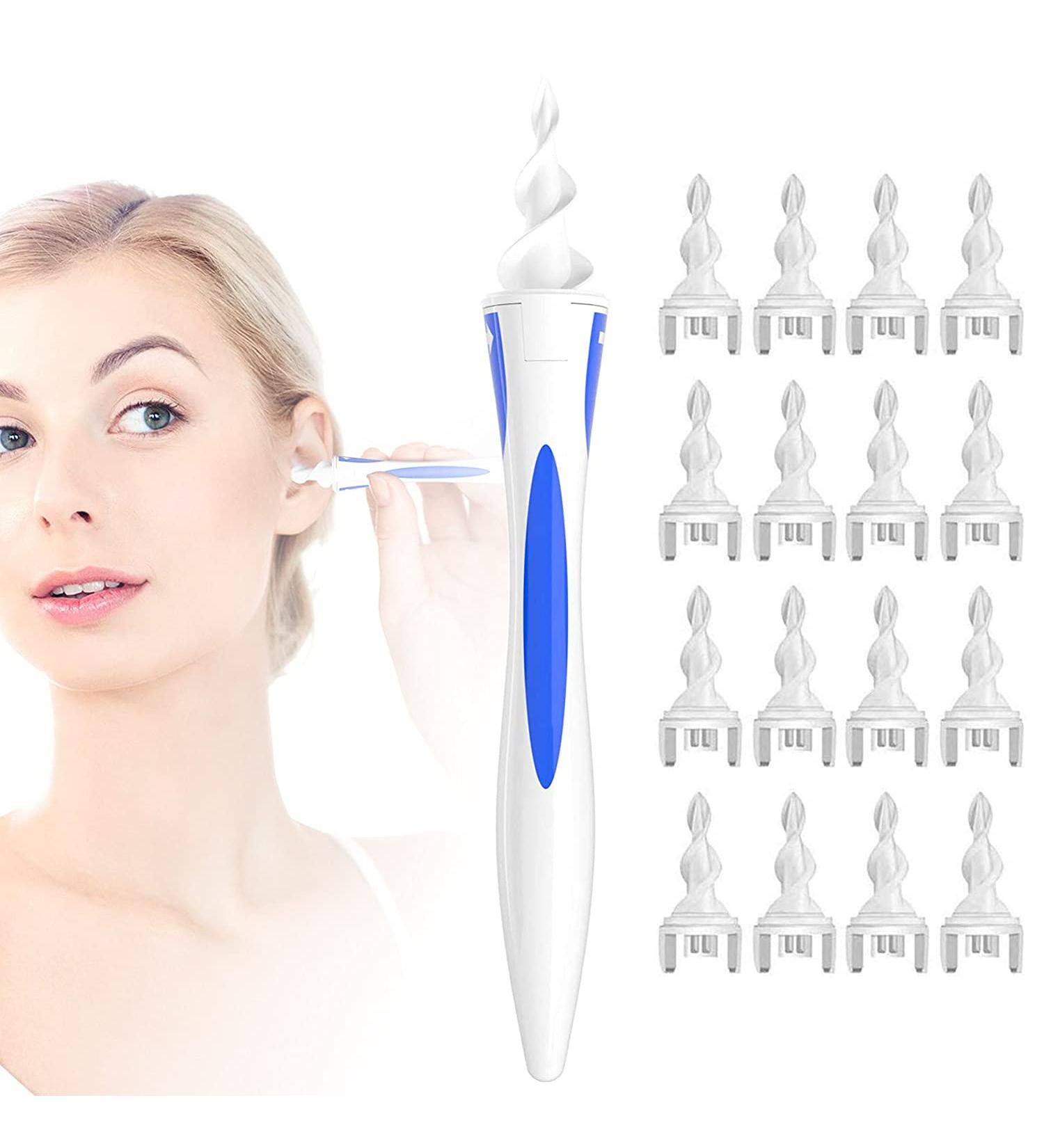 Q-Grips Ear Wax Removal Kit - Safe 360 Spiral Silicone Cleaner with 16 Washable Replacement Heads for Adults & Kids - Blue & White - Buy Online on GoSupps.com