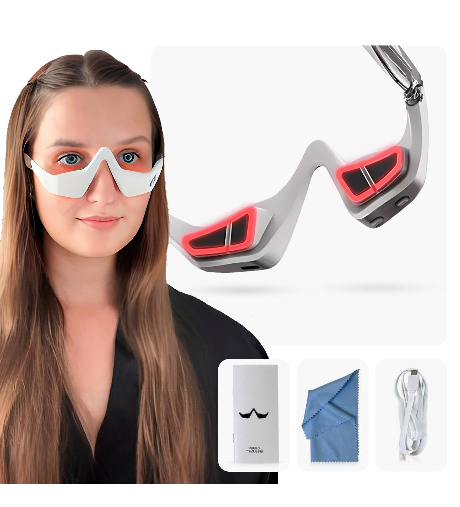 Heated 3D Eye Wrinkle Massager | Microcurrent Red Light Therapy for Puffiness & Dark Circles | Rechargeable Foldable Eyecare Glasses with 3 Modes - Buy Online on GoSupps.com