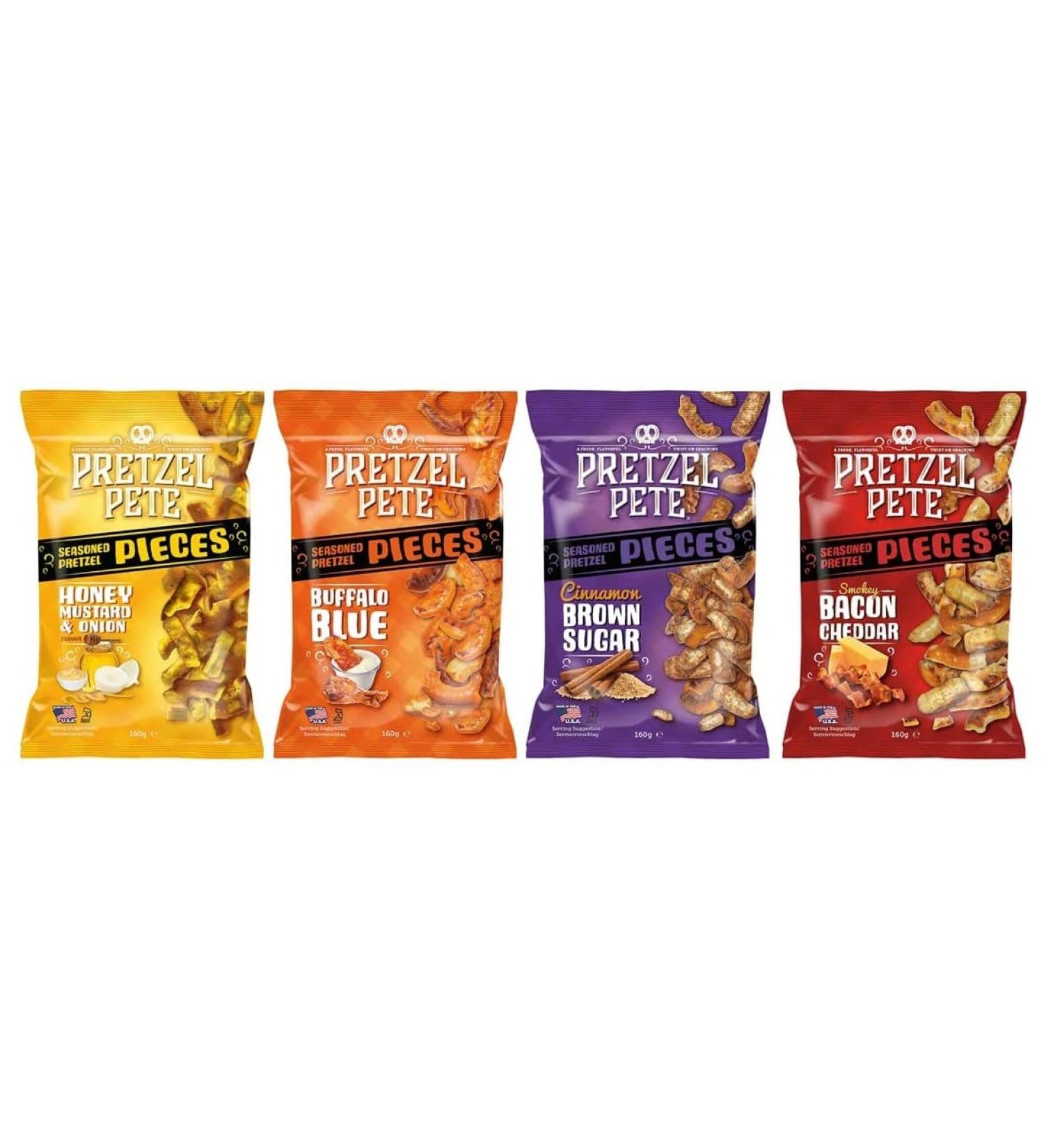 Pretzel Pete 4 Pack 160g Buffalo Blue Honey Mustard Brown Cinnamon Bacon Cheddar